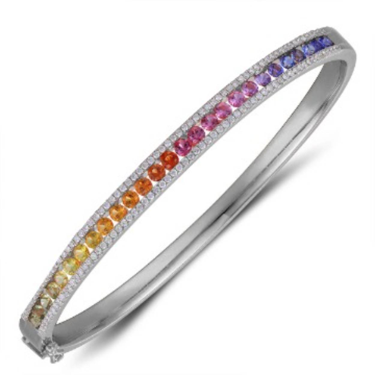 18kt. Witgouden bangle, 132x = 0.55 G/SI diamant + 27x =1.77ct regenboog saffier