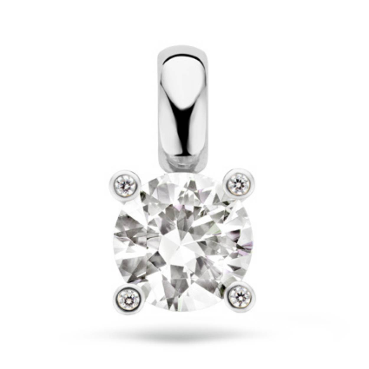 14-karaats witgouden hanger met een zirkonia.
Diameter: 12 mm.