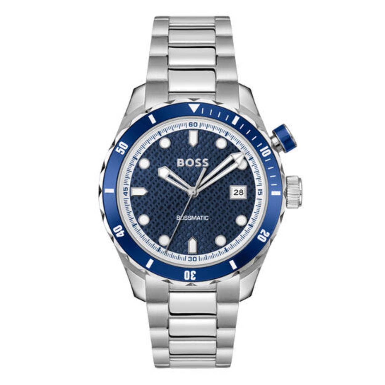 BOSS HB1514177 BOSSMATIC Herenhorloge Automaat 42mm 
Dit BOSS horloge uit de BOSSMATIC serie met artikelnr: HB1514177 heeft een stoere sportieve uitstraling. Zeer geschikt voor de moderne stijlvolle man van nu. Het herenhorloge valt op door zijn stalen horlogekast met een blauwe aluminium inleg, een bedrukte blauwe bezel en een blauwe sunray wijzerplaat met BOSS monogram en een datum. Opvallend zijn de speelse wijzers en uurstrepen die met lumibrite zijn ingelegd. Het horloge heeft een automatisch uurwerk en loopt op de beweging van de pols. Door een glas in de achterdeksel is het uurwerk zichtbaar. Aan de kast zit een stalen mat glanzende schakelband met een vouwsluiting. Het horloge heeft een doorsnee van 42mm met een mineraalglas en is 10ATM. 

HET MERK:
HUGO BOSS is afgestemd op levensstijlen waar het gaat om kwaliteit en precisie. Het wereldwijde fashionlabel is verdeeld in twee merken: BOSS en HUGO. Het merk BOSS biedt geavanceerde, moderne horloges gericht op kwaliteit en design om een onberispelijke look te creëren – of het nu zakelijk, casual of sportief is. De horloge collectie van BOSS is perfect afgestemd op levensstijlen waar het gaat om kwaliteit en precisie. BOSS is op maat gemaakt in een onberispelijke stijl.

Blijf stijlvol bij de tijd. Voor de BOSS-vrouw is stijl het handelsmerk en draait alles om
details. Breng uw look naar een hoger niveau met onze nieuwe en kenmerkende horlogecollectie.

SPECIFICATIES:
- Mineraalglas
- Ronde kastvorm, Ø 42mm
- Stalen horlogekast
- Blauwe wijzerplaat
- Stalen schakelband
- 10ATM
