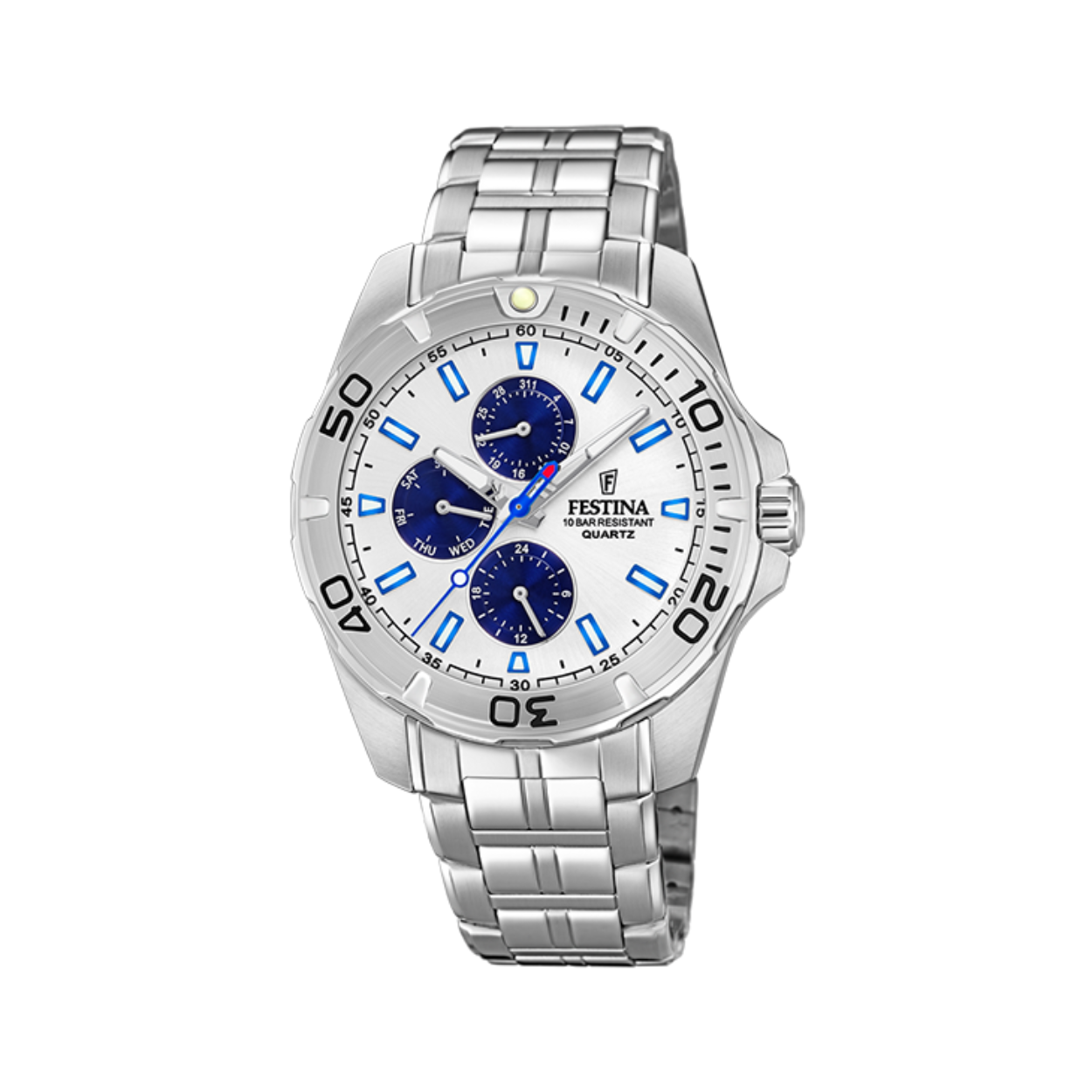 Festina herenuurwerk 
Zilverkleurige band en kast in edelstaal
Witte wijzerplaat met blauwe details, multifunctie