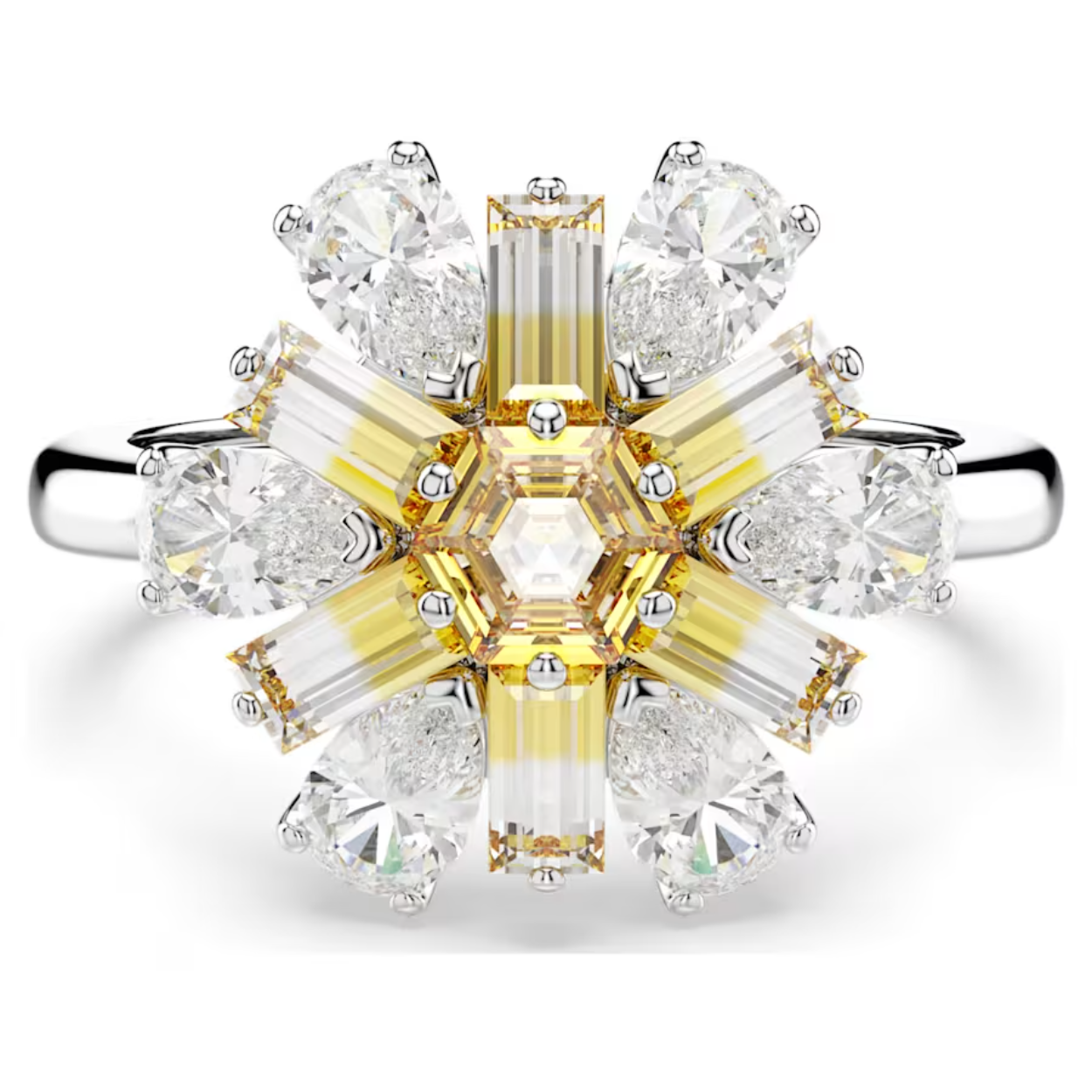 Deze complexe maar betoverende ring is een waar toonbeeld van het technische meesterschap van Swarovski. Op de band met rhodium toplaag prijkt een levendige bloem met gele en heldere Swarovski Zirkonia in een opvallend kleurverloop voor een moderne uitstraling. Een verfrissend sieraad dat uw stijl een blijvende gloed geeft.