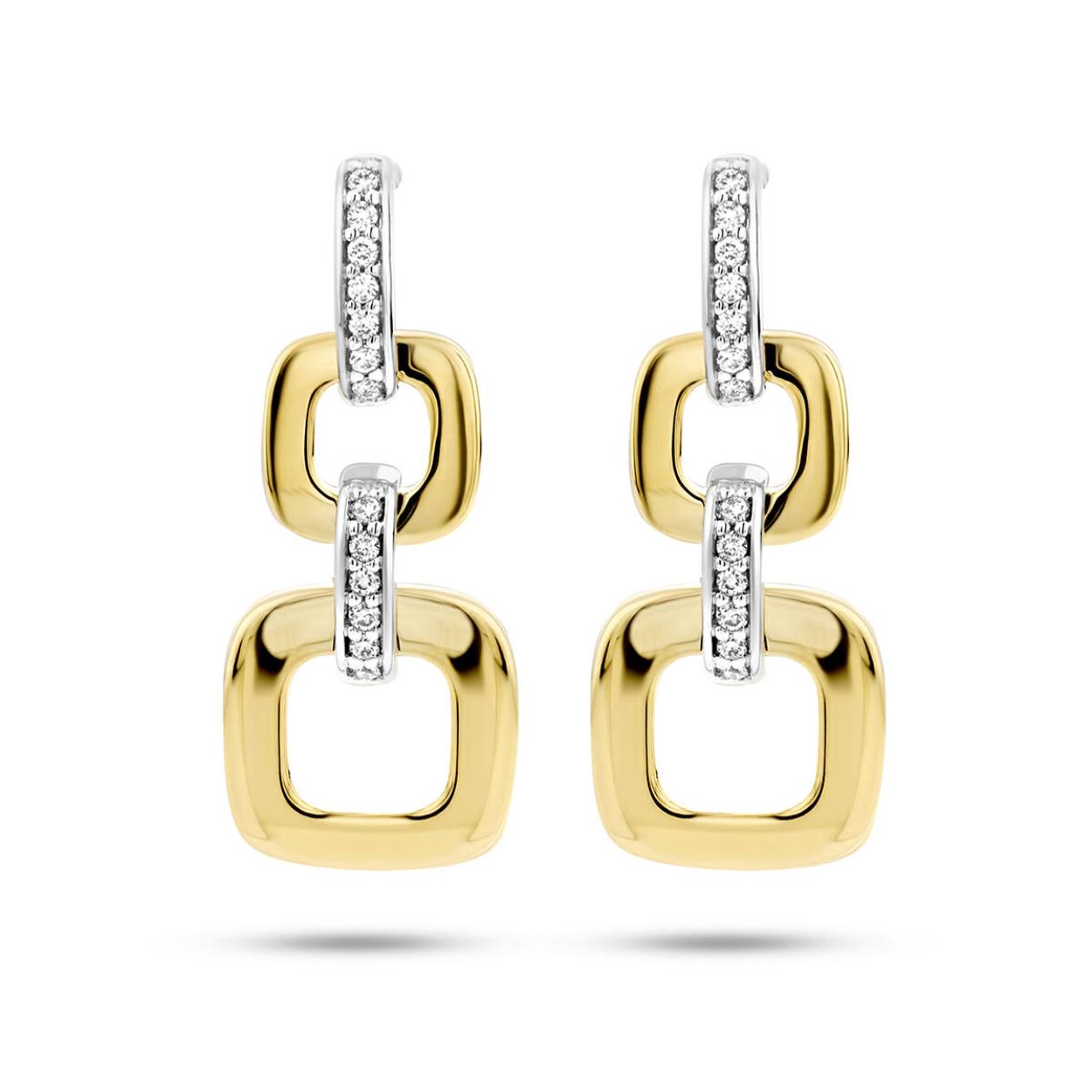 14k Bicolor geel- en witgouden oorhangers uitgevoerd met schitterend diamant. De oorhangers hebben een totale hoogte van 24mm. De totale diamantgewicht is 0.11ct (2x 0.055ct).