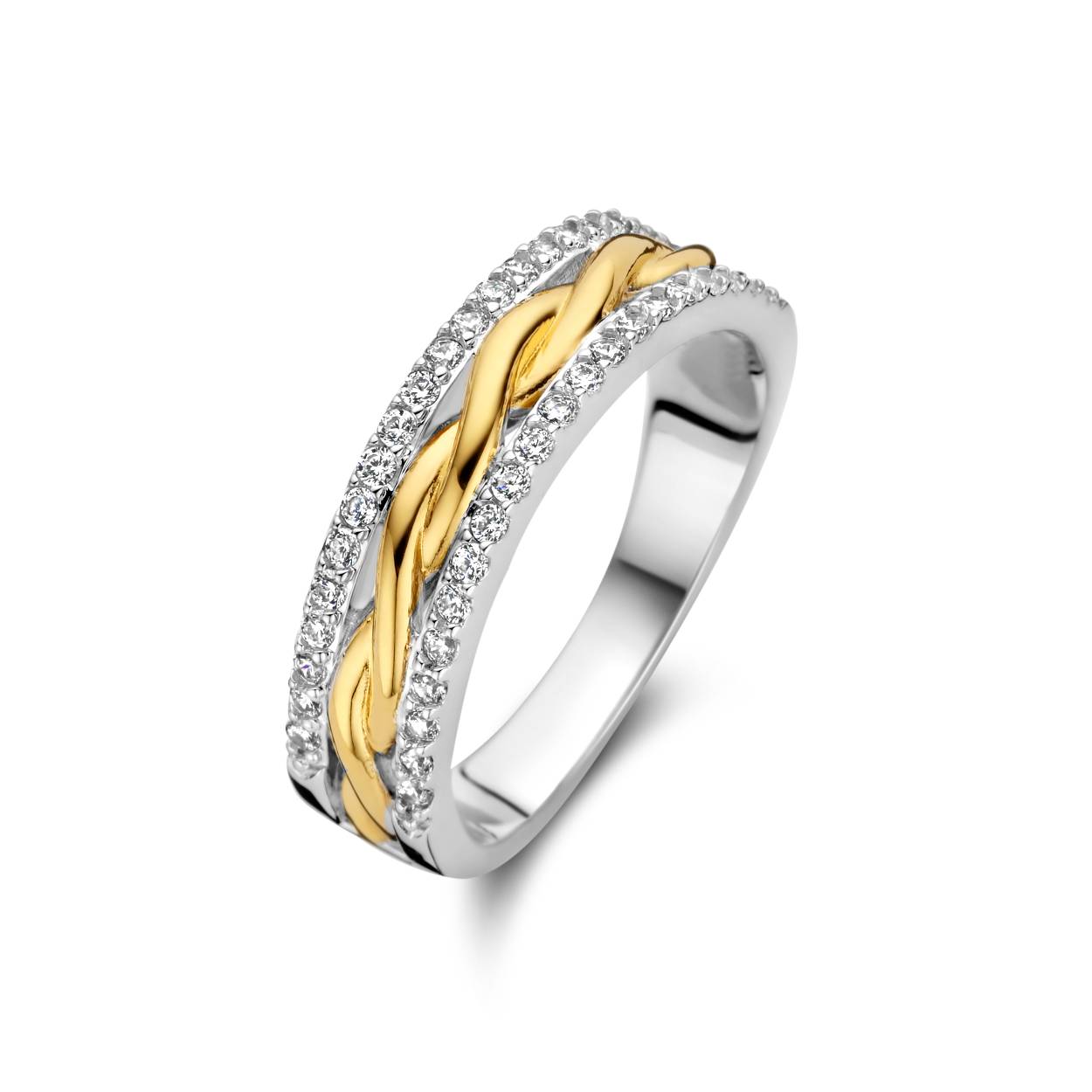 zilveren RdL ring, bicolor vlecht+pave rand mt60
