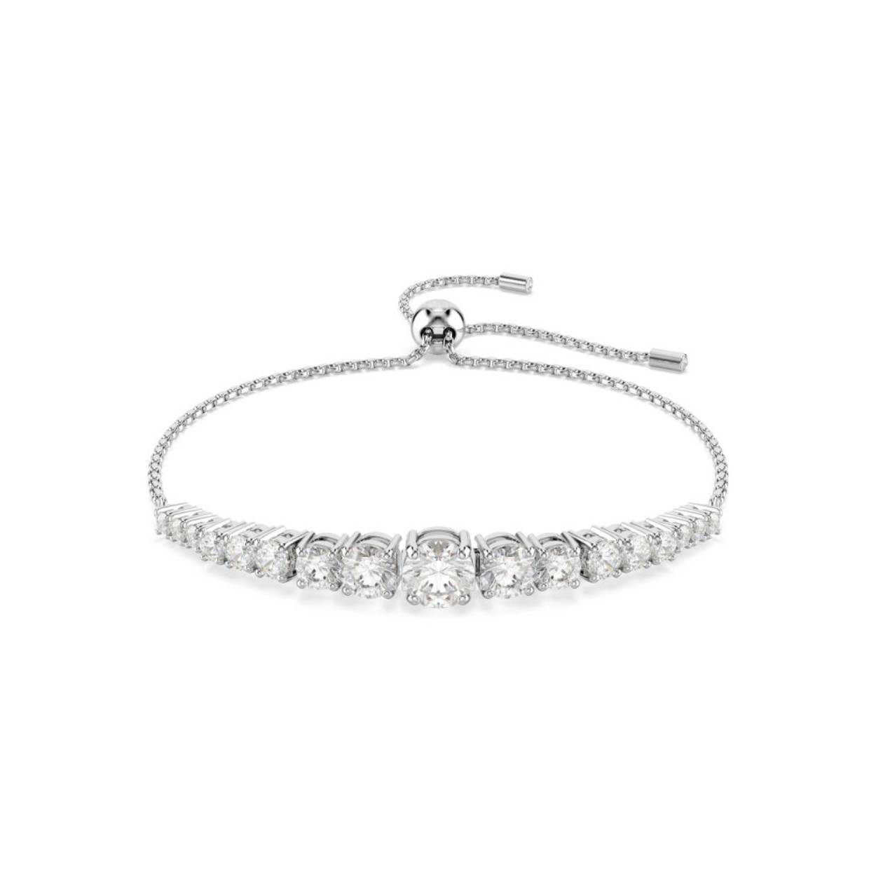Deze stralende Matrix-armband is de perfecte manier om uw persoonlijke stijl te laten stralen. Het ontwerp met rhodium toplaag wordt gedragen aan een delicate ketting met glijdende kogelsluiting en is versierd met een verloop van Swarovski Zirkonia in Round-slijpvorm, waarvan de facetten het licht weerkaatsen. Versterk de luxueuze uitstraling door het sieraad te combineren met een set bijpassende oorbellen of een ketting.