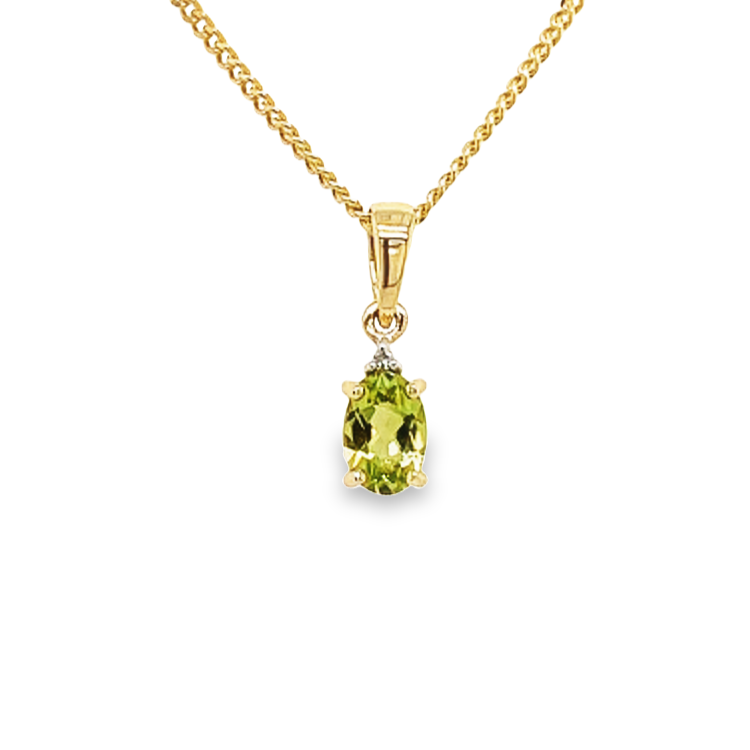 Deze geel gouden hanger bevat een schitterende Peridot. De kleursteen is gezet tussen vier gouden zetpoten met daarboven een klein diamantje. Een prachtige subtiele hanger voor een kleurrijke gelegenheid.

Note: het kettinkje hoort niet bij de hanger, deze is enkel gebruikt voor de foto.