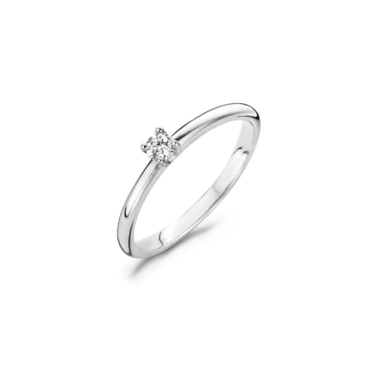 14 karaats witgouden solitair van Blush met 0.10ct diamant. Geschikt als aanzoeksring.