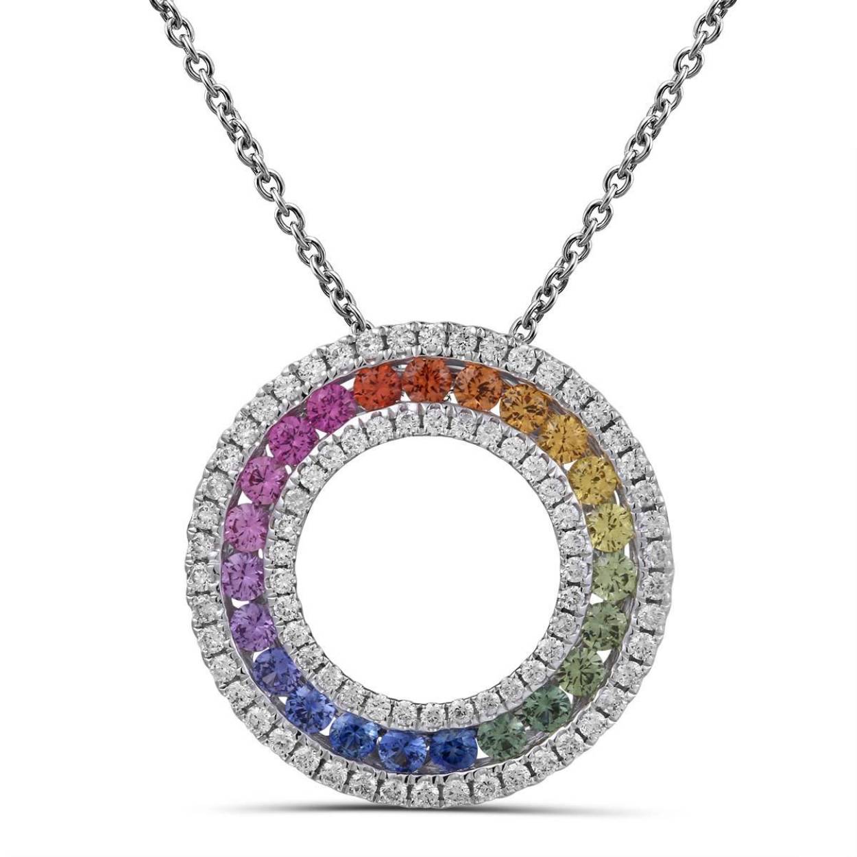 18krt witgouden hanger, 53x =0.31ct G/SI + 16x =0.55 regenboog saffier