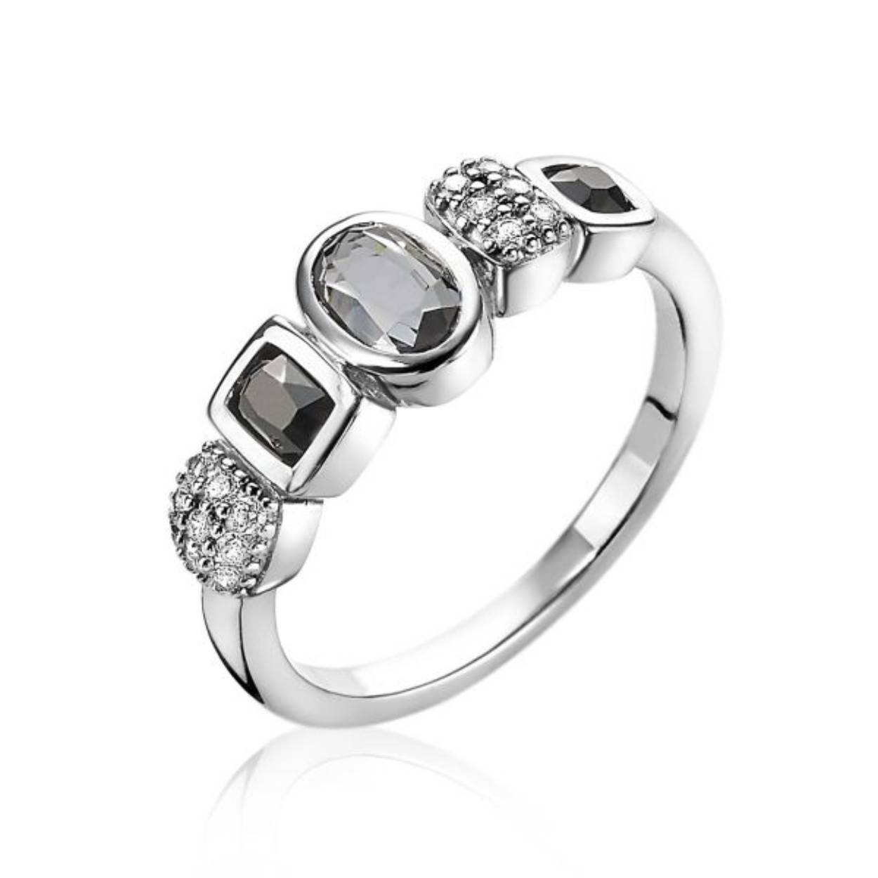 ZINZI zilveren fantasie ring grijs zwarte kleurstenen en witte zirconia's