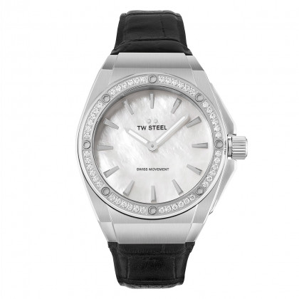 Trendy dames horloge van TW Steel. De kast is voorzien van 48 zirkonia stenen. De parelmoer wijzerplaat zorgt ervoor dat het horloge echt een eyecather is.
