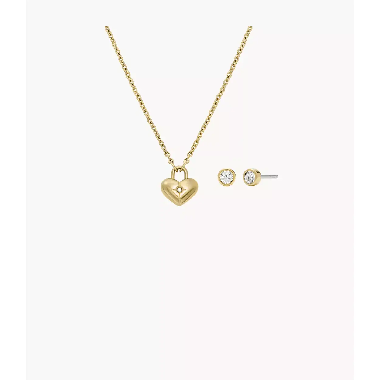 Verfijn je dagelijkse look met deze verfijnde sieradencadeauset. De goudkleurige roestvrijstalen ketting heeft een opvallende kabelketting met een driedimensionale harthanger. Combineer hem met de strakke glitz-oorknopjes, eveneens gemaakt van roestvrij staal met een stralende gouden afwerking. Een veelzijdig duo waar je steeds weer naar zult grijpen.