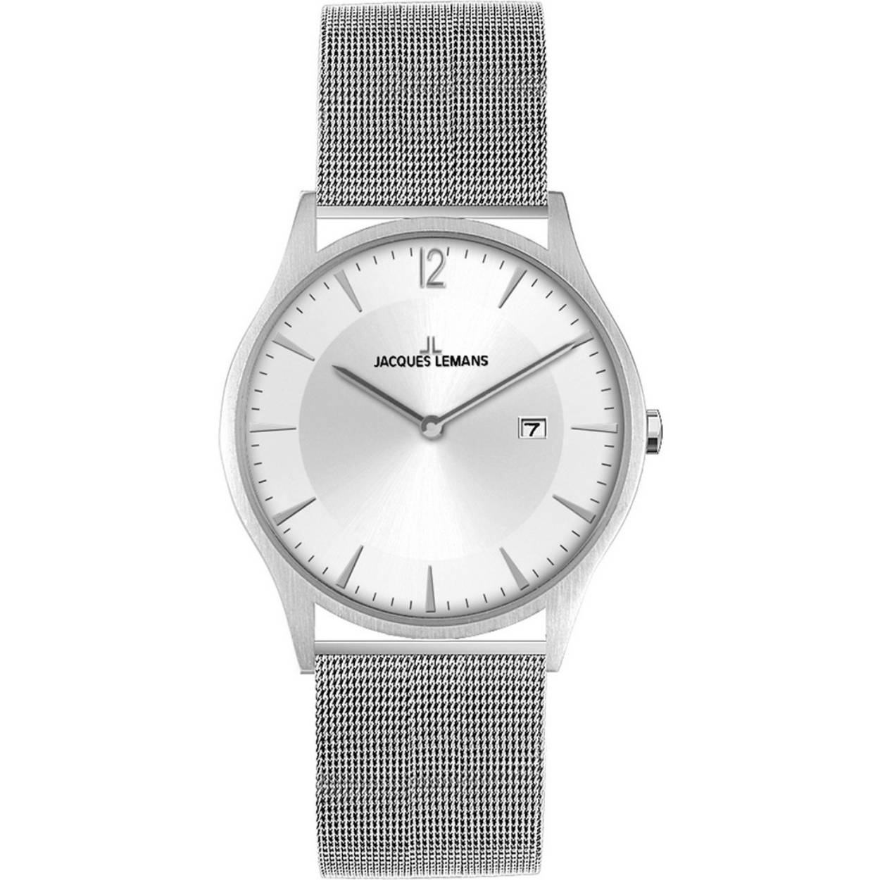 Dit herenhorloge is van het merk JACQUES LEMANS. Het is een horloge met een band gemaakt van RVS milanees . De diameter van de kast is 38 mm.