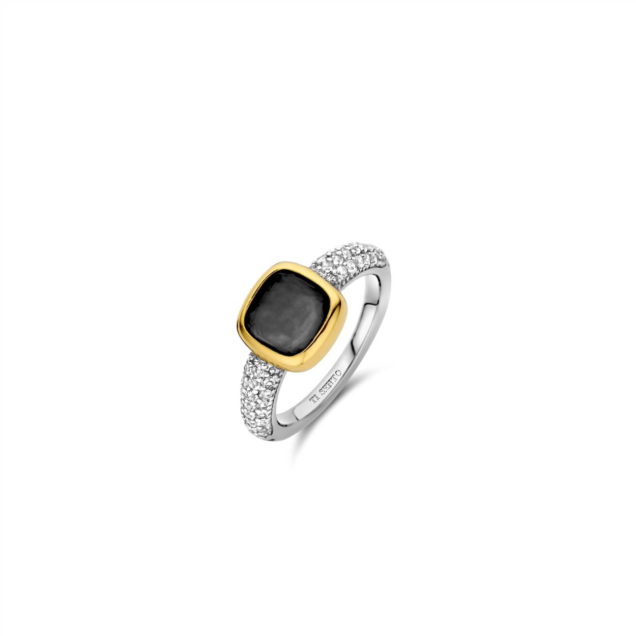 Zilver vergulde ring met grijze steen en zirc Mt 54