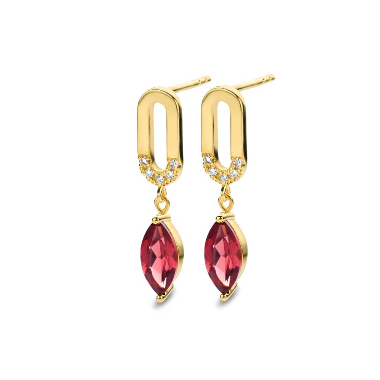 Hoop oorbellen Fijne diamanten schakels verfraaid met diep mysterieuze marquise geslepen  Pyrope Granaten . Fluisterend als een zacht briesje en roepend om een ​​hervonden gevoel van vrijheid en hoop. Modern. maar toch klassiek en onophoudelijk stijlvol. Maak je klaar voor wat zware donderstelen op die eindejaarsfeesten.