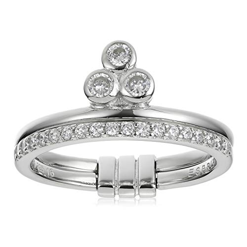 Zilvere ringen, aan elkaar verbonden, met zirkonia.