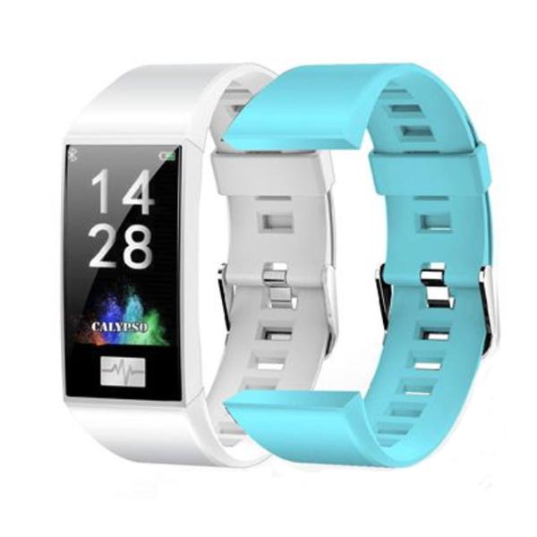 Calypso K8500 Fitness Tracker 
Afmetingen horlogekast: 40 x 20 mm 
Witte siliconen band, extra blauwe siliconen band. 
Gemakkelijk afwisselen van horlogeband. Draadloos opladen!