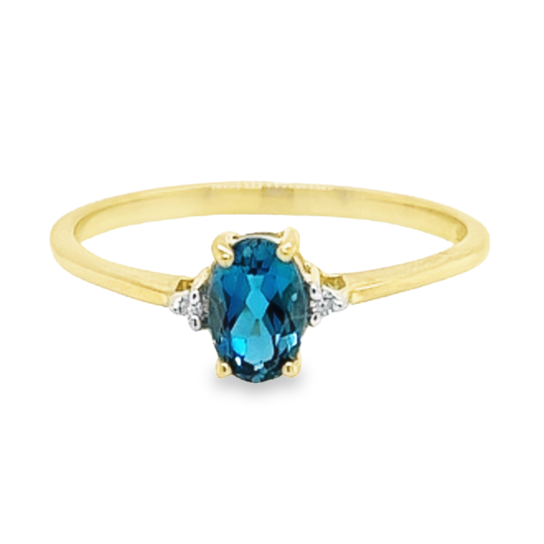 Deze 14-karaats geel gouden ring is ontzettend leuk. De kleurrijke steen is een echte London Blue Topaas welke is gezet tussen vier gouden zetpoten. Naast de kleursteen zijn twee diamantjes gezet. Deze ring heeft een schitterende en kleurrijke uitstraling.