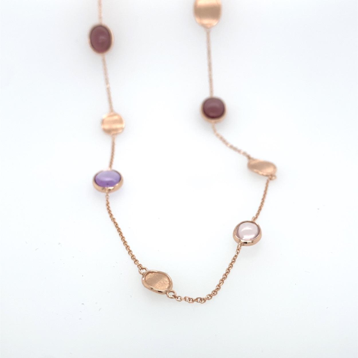 14 krt Rose gouden collier met rhodoliet, amethist en rosé kwarts 42-45cm
