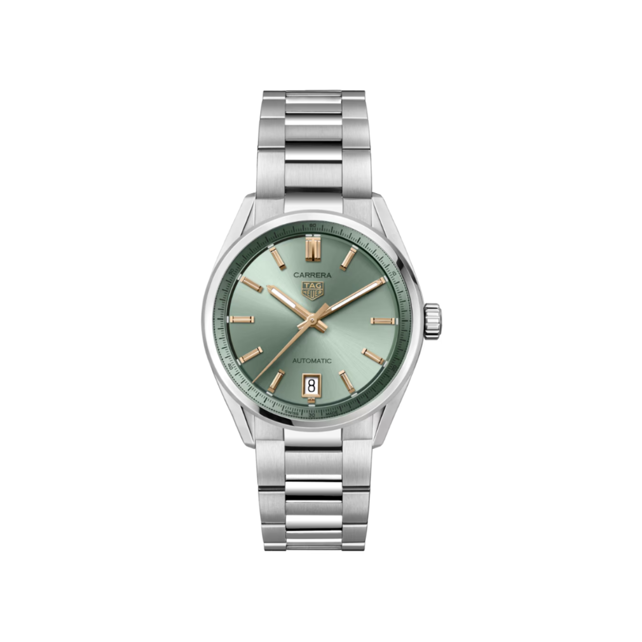 Dit TAG Heuer horloge behoort tot de Carrera collectie.
Referentienummer: WBN2312.BA0001

De TAG Heuer Carrera is uitgerust met een automatisch Calibre 7 uurwerk met een gangreserve van 56 uur. De dunne maar veerkrachtige stalen kast van 36 mm heeft een stalen kroon op 3 uur. De ingetogen pastelgroene tinten van de sunray geborstelde wijzerplaat voegen een uniek vleugje luxueuze elegantie toe aan deze TAG Heuer Carrera. De contrasterende 18K 5N roségoudvergulde wijzers, indexen en het TAG Heuer-schild steken subtiel af tegen de groene sunray geborstelde wijzerplaat. Met zijn ergonomische stalen band en zijn krachtige Calibre 7-uurwerk is dit klassieke uurwerk de ideale stedelijke bondgenoot 


