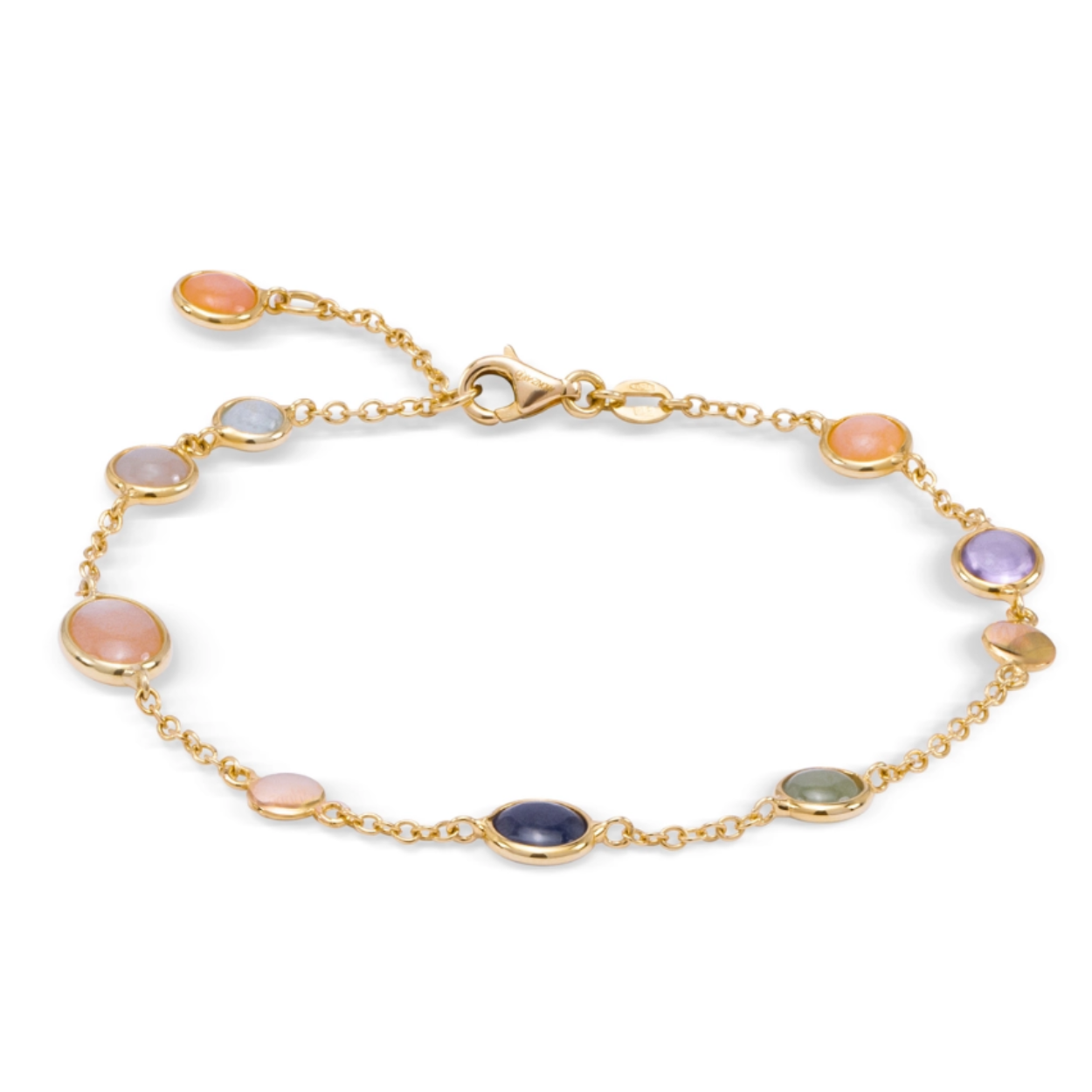 14 krt gouden armband multi color met diverse soorten edelsteentjes 
Maansteen, amethyst, saffier, aventurijn etc.