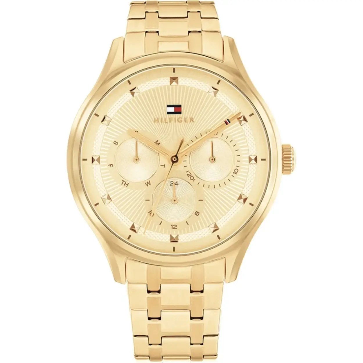 Tommy Hilfiger TH1782751 Horloge Dames Staal Bicolor 38mm
Dit specifieke horloge van Tommy Hilfiger uit de Gianna serie met artikelnr: TH1782751 is een casual horloge die zeker niet in je collectie mag ontbreken. Het stalen dameshorloge heeft een ronde zilverkleurige kast met een goudkleurige bezel. Het horloge heeft een zilverwitte wijzerplaat met meerdere texturen. Zo heeft het toegepaste piramidemarkeringen, diamantgeslepen ringen rond de subogen en een iconisch streepdetail op de minutenwijzer. Verder is het horloge multifunctioneel, heeft het dag,-datum en 24-uursaanduiding. Het horloge heeft een bicolor verstelbare schakelband, een mineraalglas, een doorsnee van 38mm en is 3ATM.  

Het merk:
Sinds de lancering van het merk in 1985 is Tommy Hilfiger wereldwijd bekend geworden als pionier van de klassieke Amerikaanse coole stijl. Geïnspireerd door de iconische popcultuur en het Amerikaanse erfgoed. De dames en herencollectie van dit seizoen bestaan uit minimalistische silhouetten en rustieke lederen details. De herenhorlogecollectie biedt iconische uurwerken met roestvrijstalen, lederen en siliconen banden.

Specificaties:
- Mineraalglas
- Ronde kast 38mm
- Zilverkleurige horlogekast
- Goudkleurige bezel
- Zilverwitte wijzerplaat
- Bicolor schakelband
- Multifunctioneel
- 3ATM