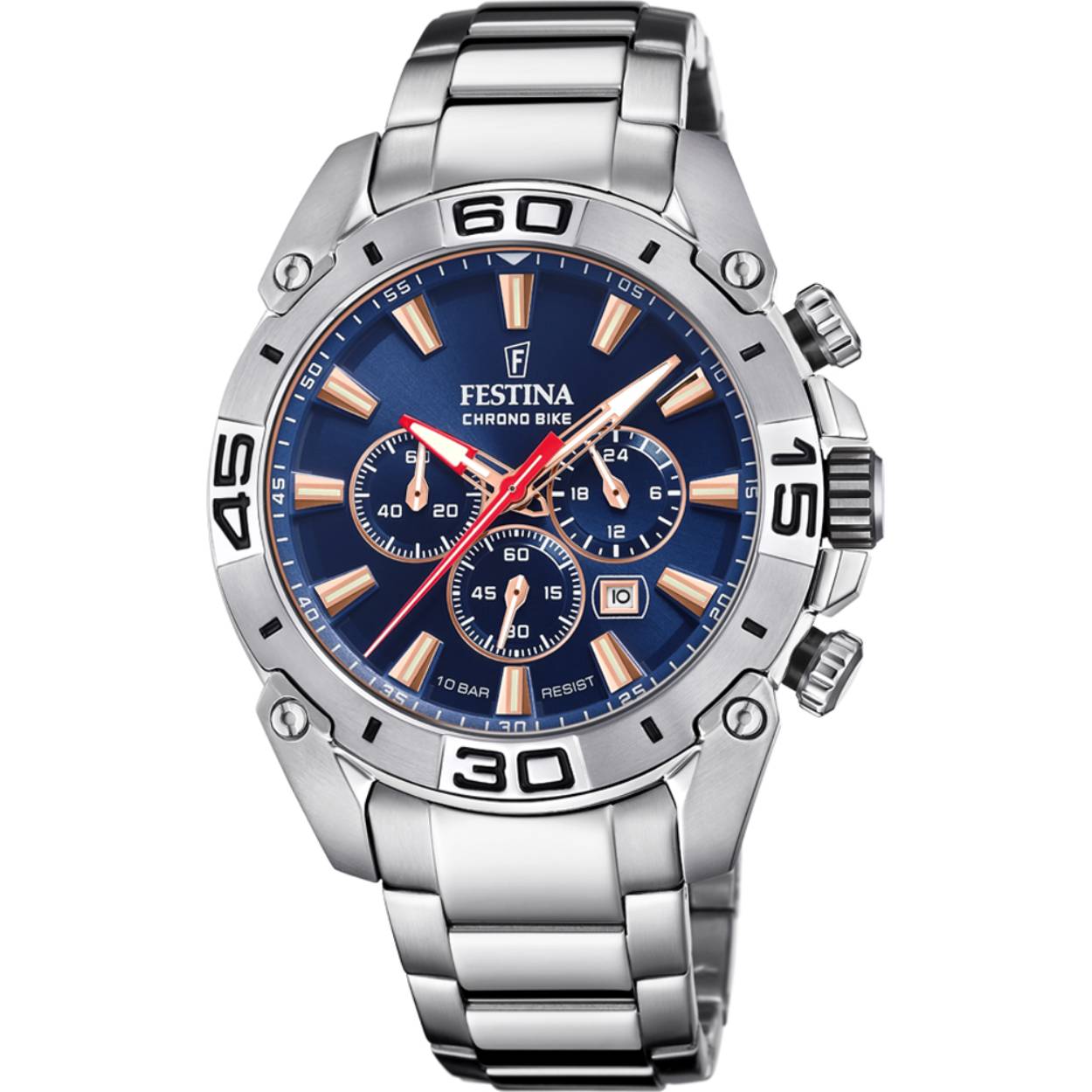 Herenuurwerk van Festina uit de 'Chrono bike' collectie
Zilverkleurige kast en band in edelstaal
Blauwe wijzerplaat 'multifunctie' met datumaanduiding en rosékleurige details
Waterdichtheid: 10 ATM
