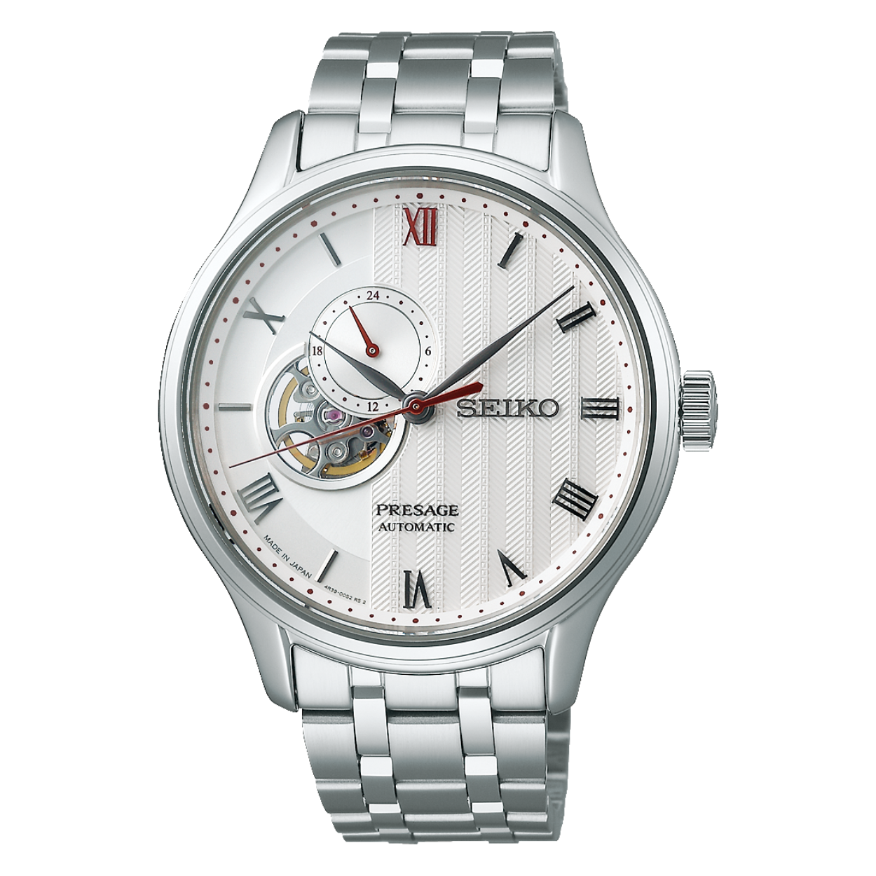 Dit minimalistisch ontworpen Seiko Presage SSA443J1 automatisch herenhorloge met typerende wijzerplaat is geïnspireerd op een bekend en veel bewonderd aspect van de Japanse cultuur: de Zen Garden. De diepte en rijke textuur van de wijzerplaat doet namelijk denken aan de Japanse zentuin waarin grind wordt geharkt in serene patronen. De rode accenten op de witte wijzerplaat zijn ontworpen om de rode Acer bomen te vertegenwoordigen die vaak worden aangetroffen in de Japanse tuinbouw. De roestvrijstalen zilverkleurige kast heeft een diameter van 41.8 mm en een hoogte van 12.5 mm.

De crèmekleurige wijzerplaat is voorzien van een venster waardoor je het mechanisme van het uurwerk kunt bekijken. Ook de achterkant van het horloge is doorzichtig. Het horloge is voorzien van een 4R39 Seiko kaliber met 24-uurs aanduiding. Het horloge laadt zich tijdens het dragen automatisch op door bewegingen van de drager. Je kunt het horloge ook met de hand opwinden. Volledig opgeladen heeft het een energiereserve van ongeveer 41 uur. Het tikgetal van deze automaat is 21.600 per uur en het horloge heeft 24 jewels.