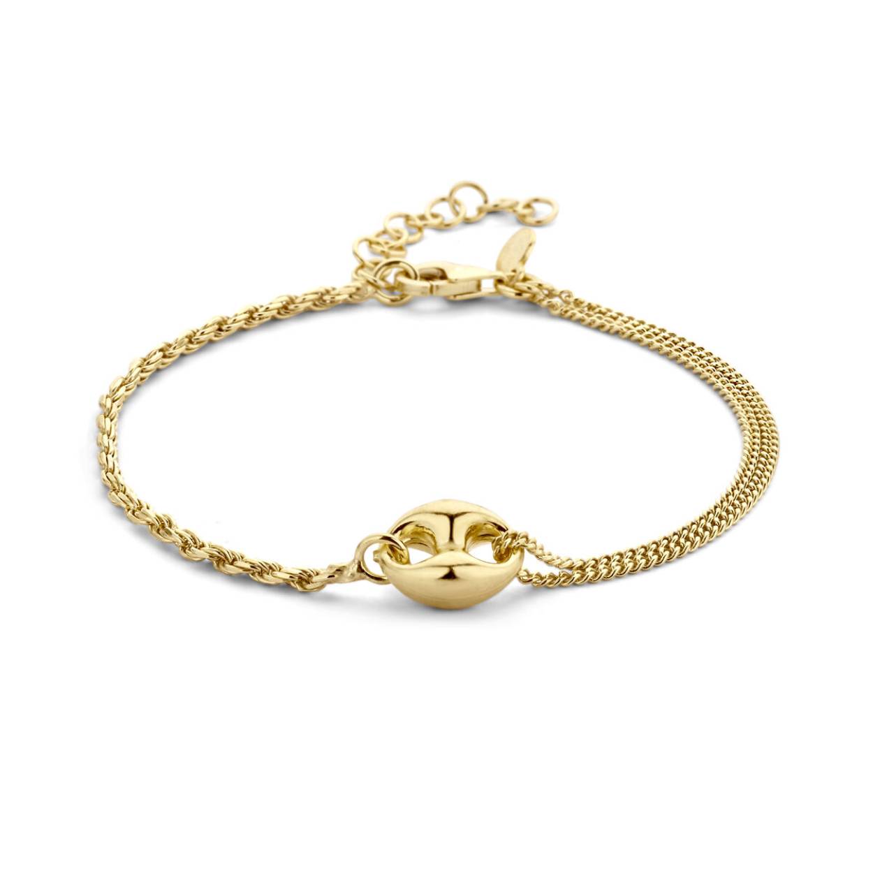 Geelgoud op 925 zilveren armband met een schakelachtig element van 8.5x11mm. De armband heeft draaglengte 16cm en een extensie van 3cm. Uitgevoerd met een karabijn sluiting. 