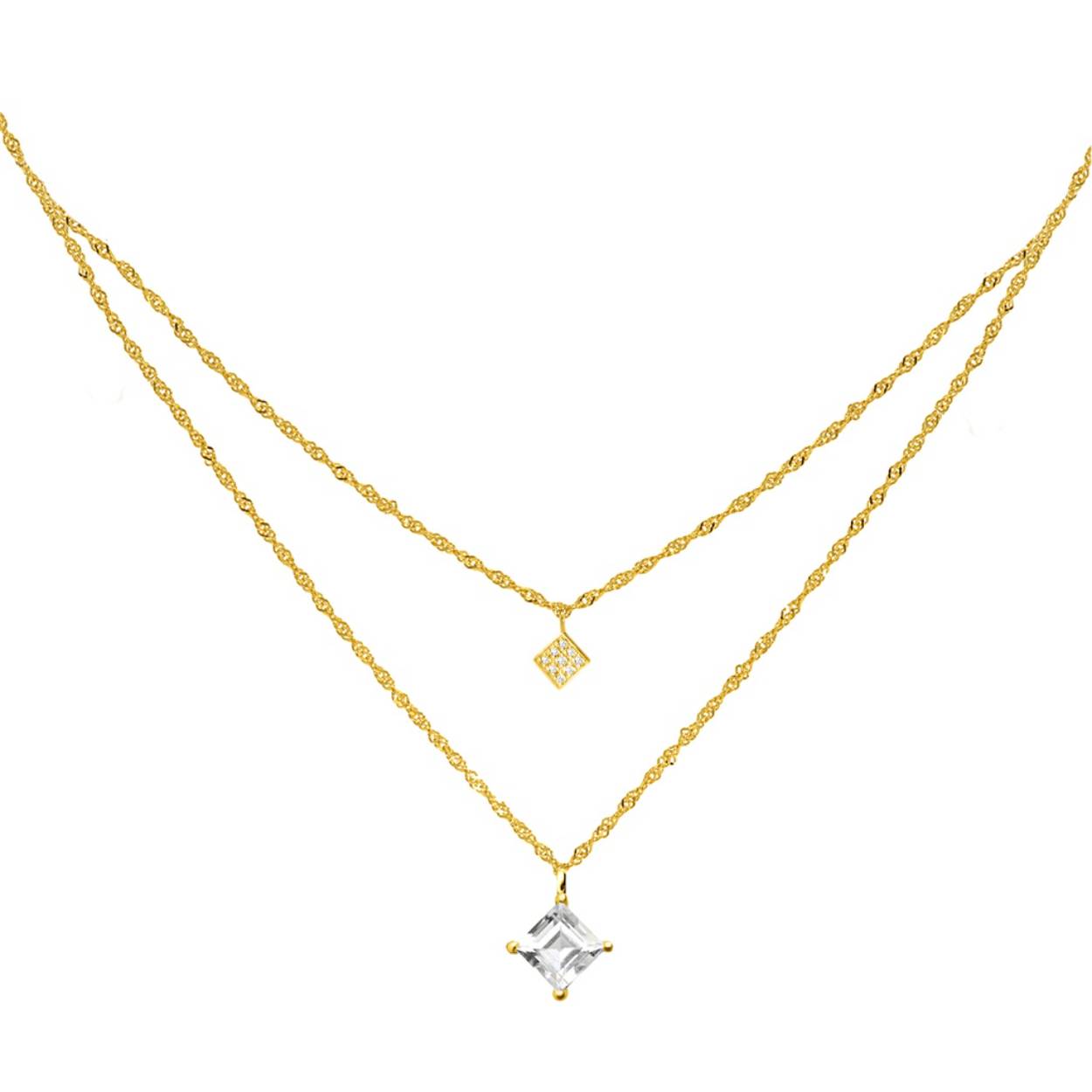Altijd meer ketting
Een krachtige knaller, symboliseert wanneer 2 1 worden. De perfecte duo-ketting, nieuwe glanzende twirling-kettingen gelaagd en met een verbluffend vierkant geslepen witte topaas en 9x klassieke witte diamanten om je liefde voor altijd te vieren.