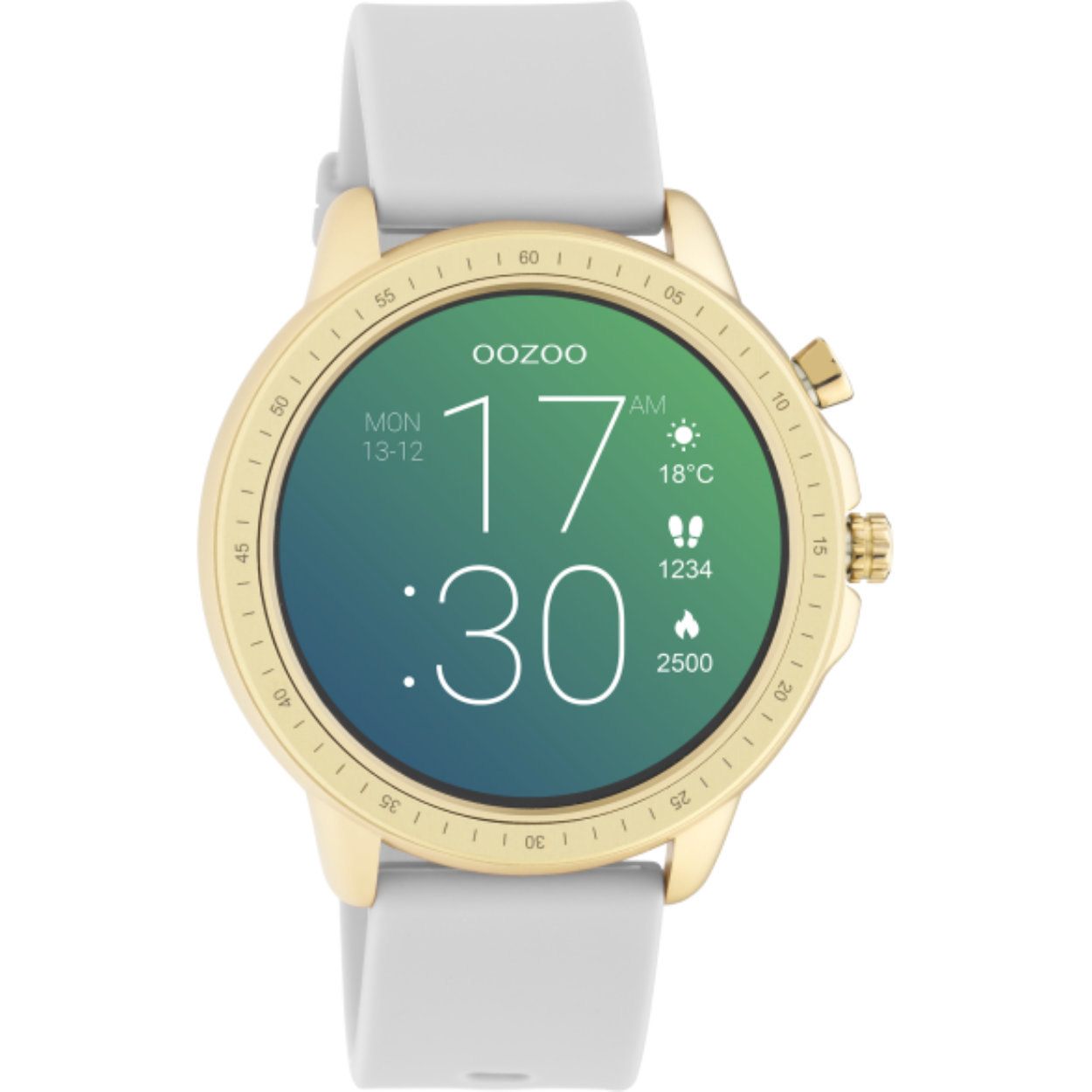 De horloges van deze digitale collectie hebben een rond design en originele OOZOO wijzerplaten. Deze unisex smartwatch is de slimme oplossing voor iedereen. De goud kleurige horlogekast, sterke steengrijs rubber horlogeband en IP67 certificering maken dit