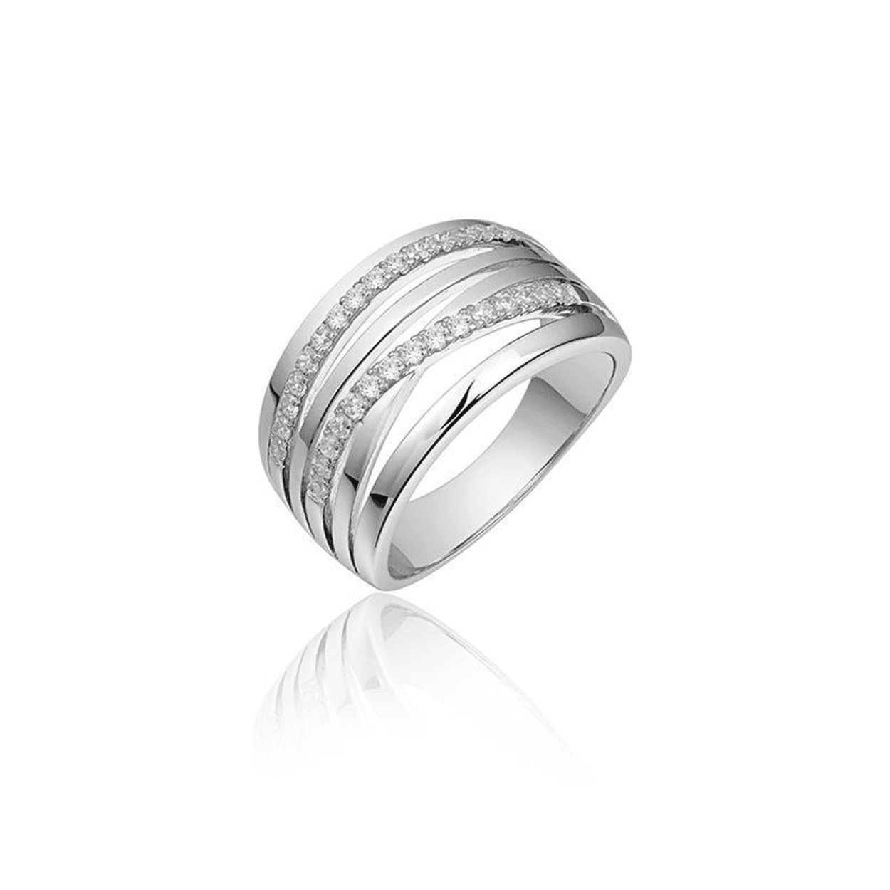 Zilveren ring gezet met witte briljant geslepen zirkonia's. Het sieraad is afgewerkt met een rhodium plating en is verkrijgbaar van maat 48 tot 62