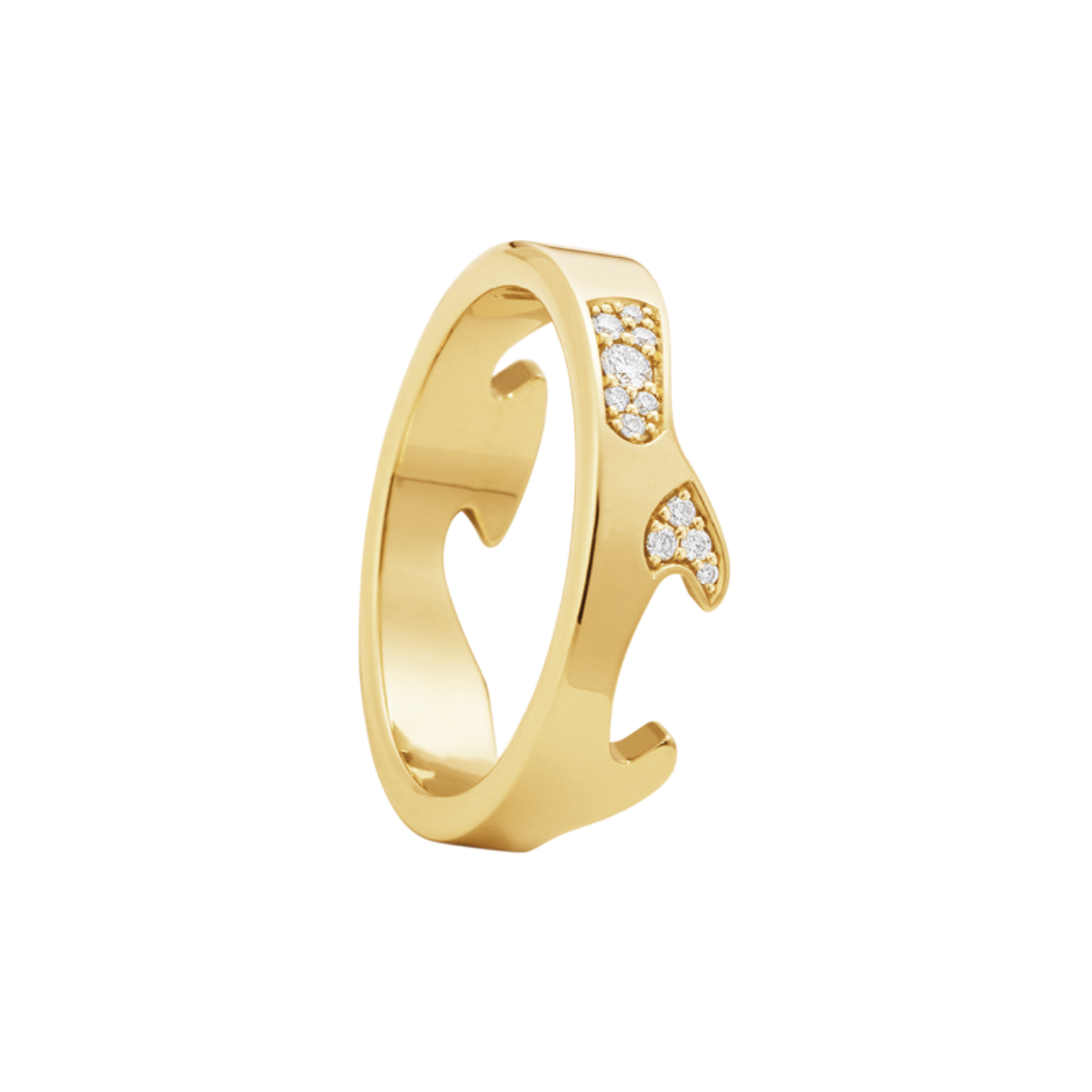 The fluid, organic form of the iconic Fusion ring is highlighted by bursts of pavé set brilliant cut diamonds that appear like clouds against the polished background of this 18-karat yellow gold end ring.
