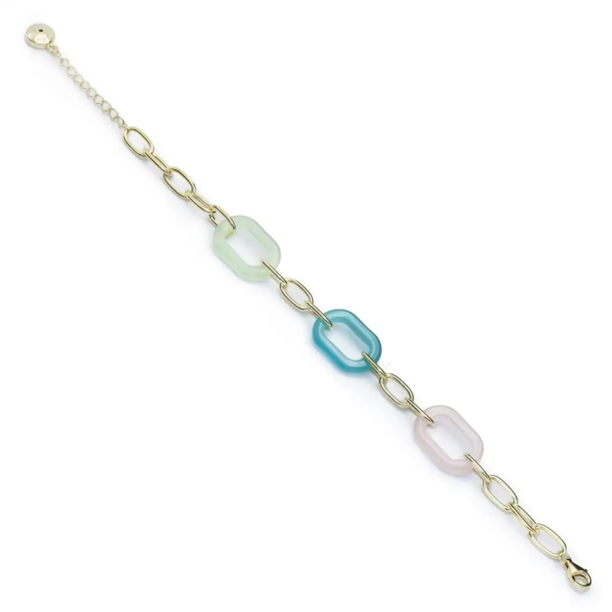 Gold plated silver links bracelet combined with resin. A safe bet to combine with your summer looks and give them a touch of color. Bracelet made up of three resin links combined with gold plated paper clip chain. Dare with this design