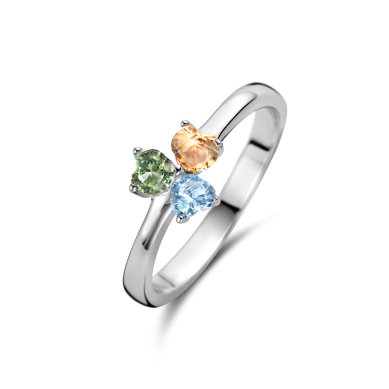 Zilveren ring afgewerkt met zirkonia groen/blauw/champagne van het merk Rosa di Luca