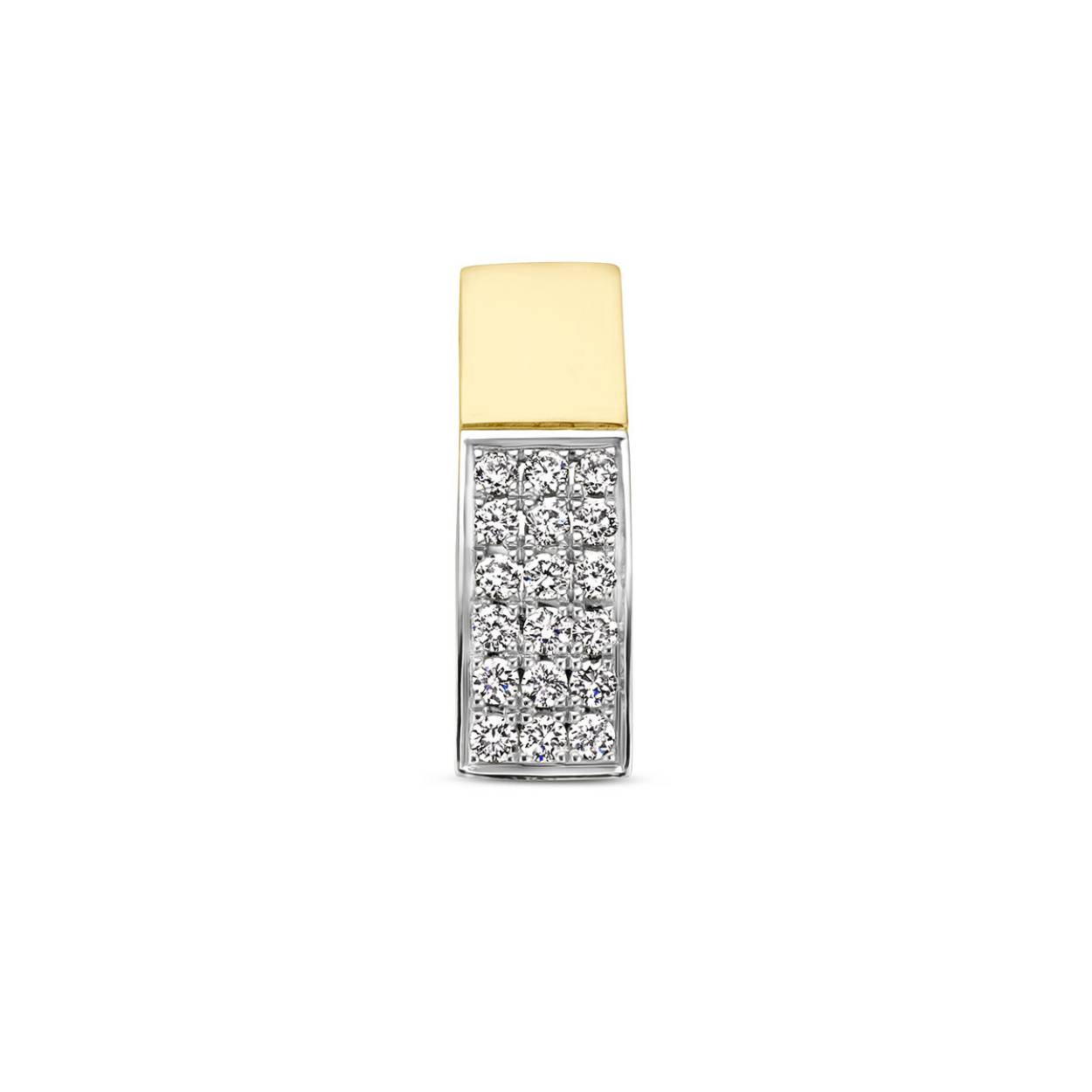 14k Bi-color geel- en witgouden hanger uitgevoerd met diamanten. De hanger heeft een afmeting van 11.5x4mm.