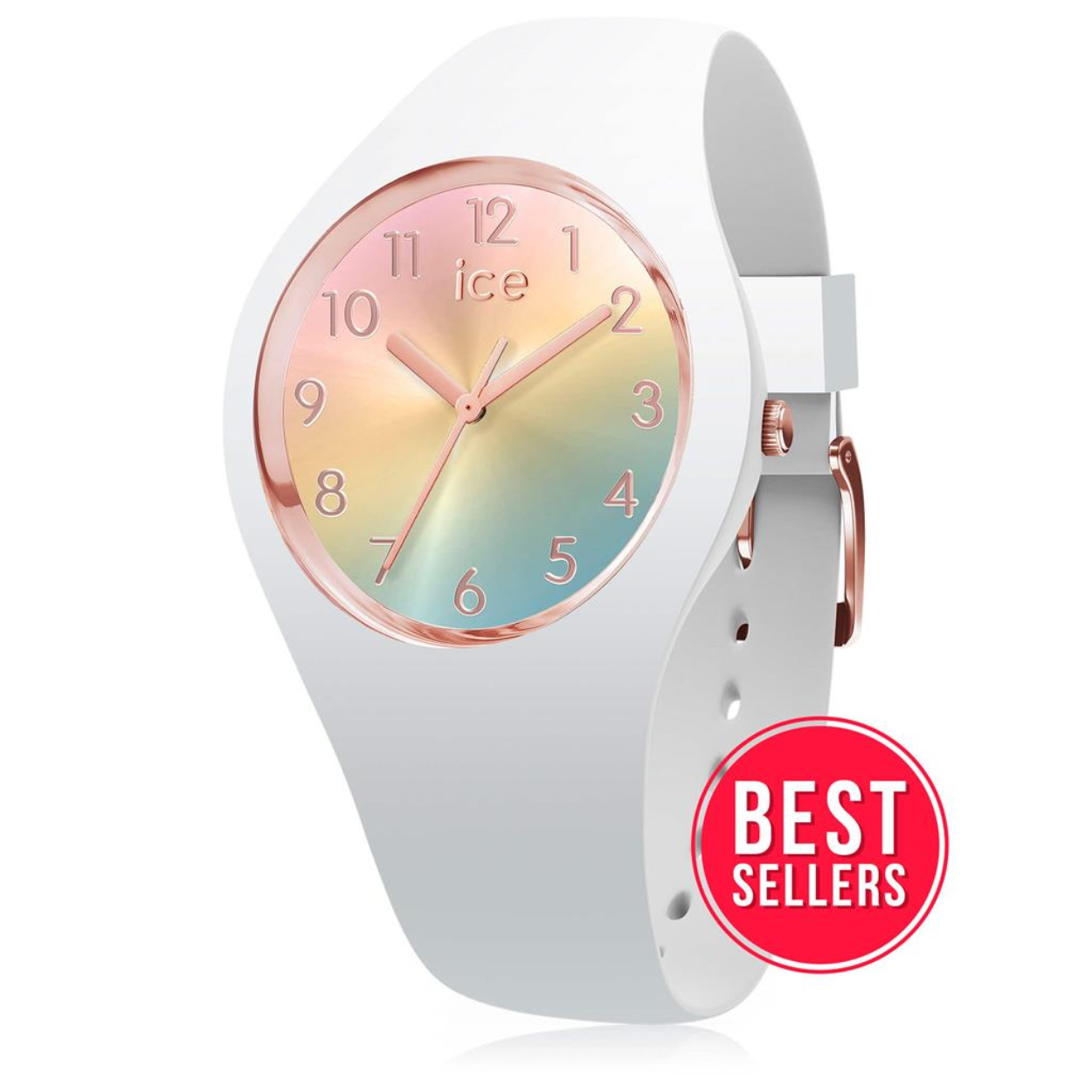 ICE Watch California dames horloge met een witte silicone band en regenboog effect op de wijzerplaat met cijfers.