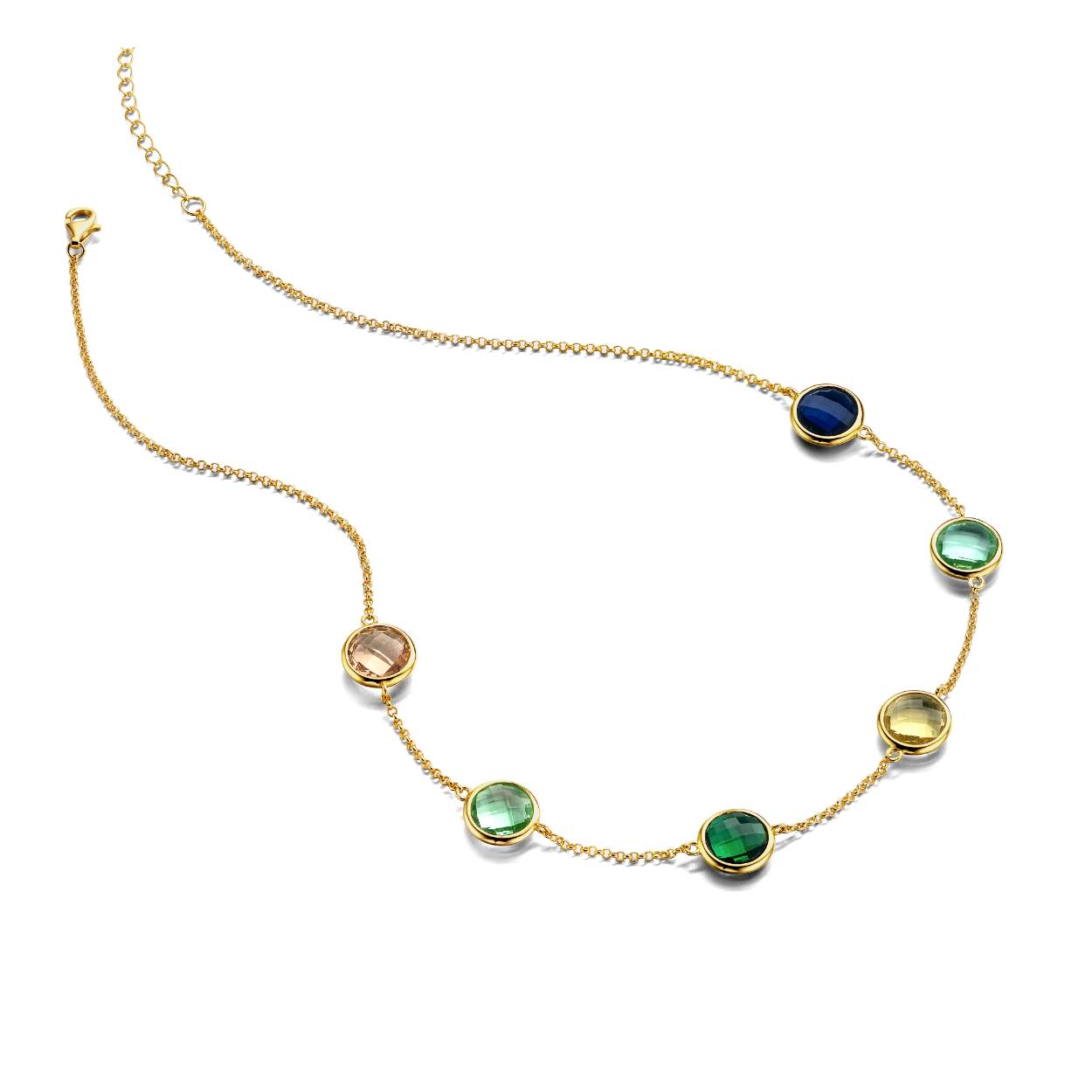 Goudkleurige collier van Silver Rose met groen/gele gefacetteerde stenen
Bijhorende oorbellen en armband ook verkrijgbaar