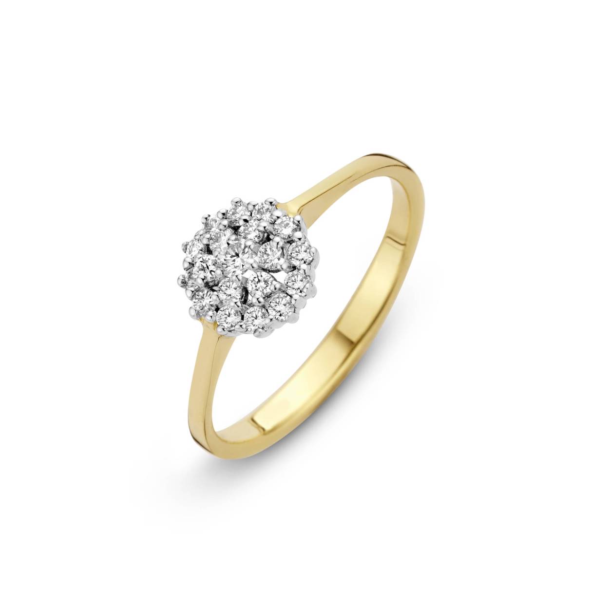 7 steens entouragering van hoge kwaliteit. Deze 14 krt gouden ring met witgouden zettingen is voorzien van 7 briljanten totaal 0.17 crt, en is ook verkrijgbaar in 9 steens met andere steen groottes . De ring is ook leverbaar in wit of roségoud. De ring kan worden ingeruild als groeibrillant om zo uit te groeien tot een nog waardevoller geheel. 

Entourage
Het klassieke model waarbij een enkele of een dubbele cirkel met briljanten om de hoofdsteen gezet zijn. Om maximale schittering te krijgen, en een luxe uitstraling. Ringen, oorsieraden en hangers zijn beschikbaar met witgouden zetting, in een geheel witgouden sieraad, of in de combinatie van geel en wit goud.

Een groeibriljant sieraad kunt u laten groeien. U ruilt dan uw huidige sieraad voor een nieuw sieraad met een grotere, nog meer sprankelende briljant. Bedraagt het verschil in prijs tussen het in te ruilen sieraad en het nieuwe minstens 50%, dan wordt de volledige dagwaarde van het ingeruilde sieraad van de prijs afgetrokken. We geven u graag advies over de mogelijkheden om uw sieraad elke ‘groei’ vuriger en waardevoller te maken. Zo geniet u elke dag meer van uw sieraad.