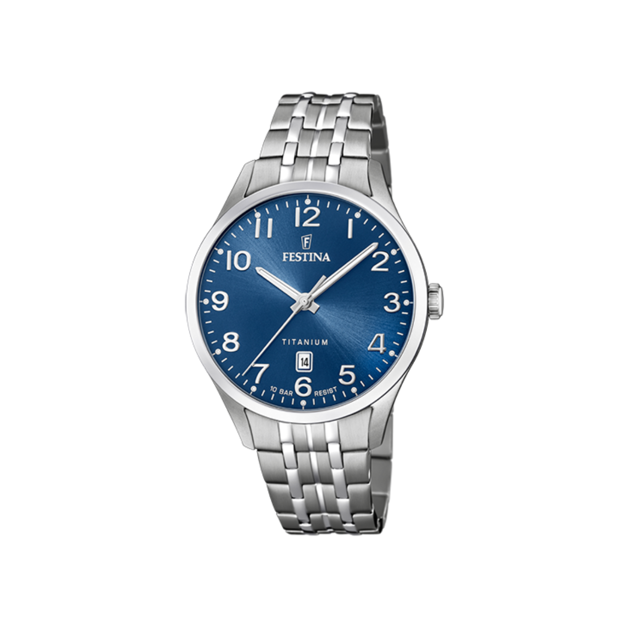 Herenuurwerk van Festina uit de 'Titanium' collectie - Zilverkleurige band en kast in titanium - Blauwe wijzerplaat met datumaanduiding en duidelijke cijfers - Waterdichtheid: 10 ATM