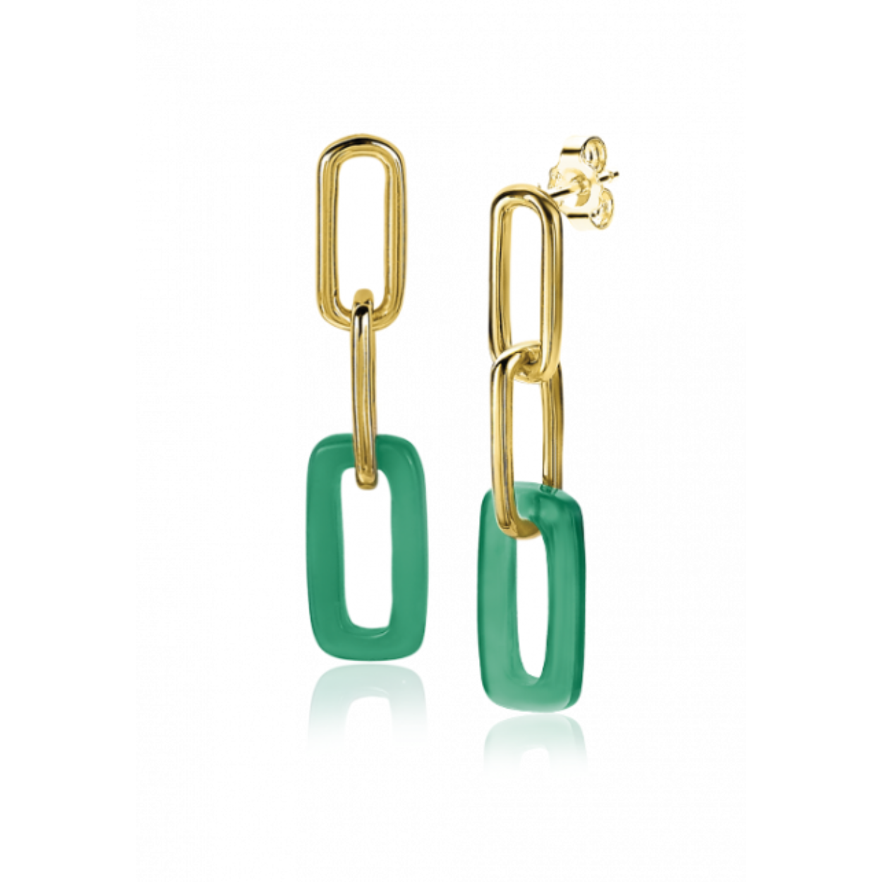 ZINZI zilveren oorhangers 14K geel verguld 34mm open ovaal groen agaat ZIO2208G