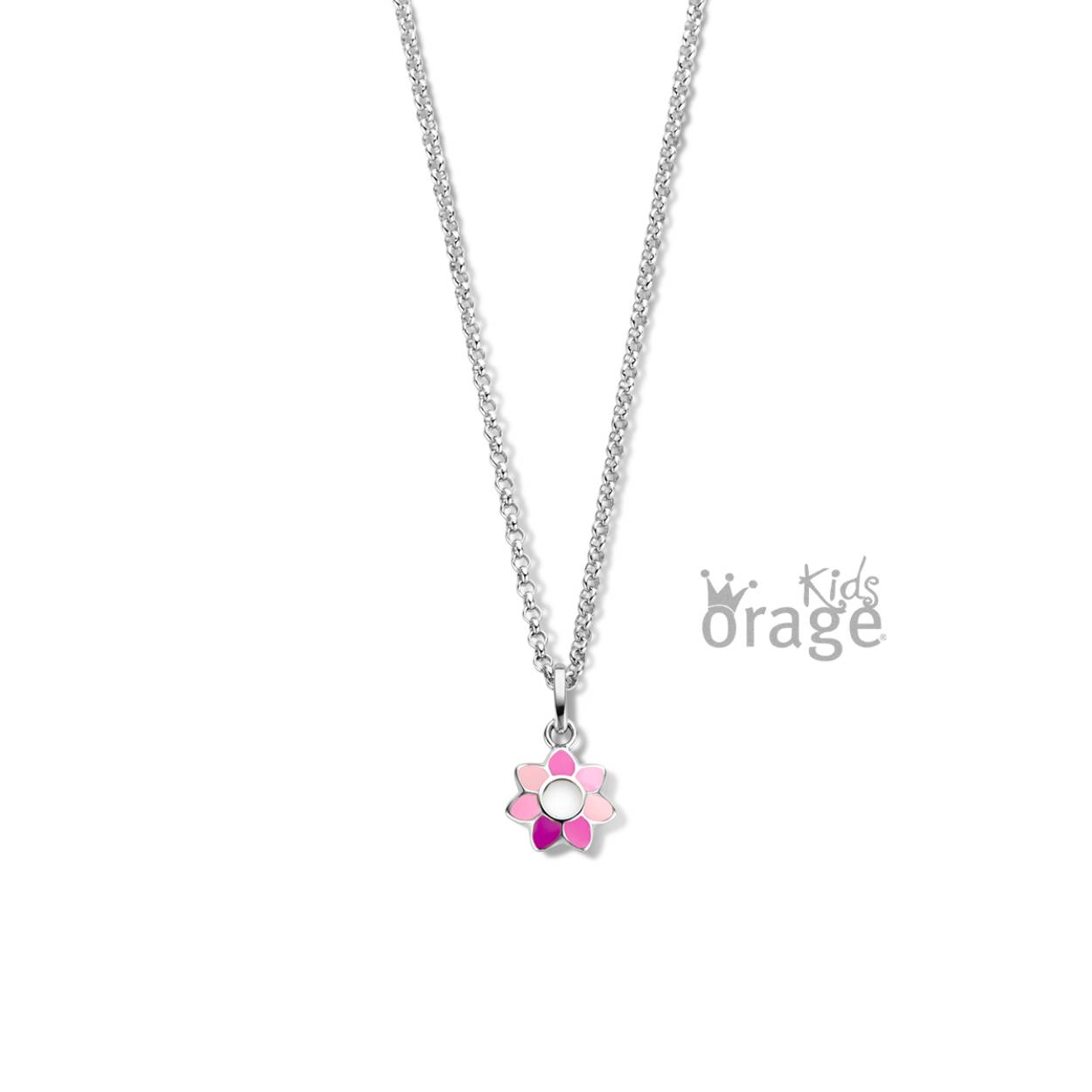 Zilveren ketting (36 cm) met hanger 'roze bloem' van Orage kids.
Bijhorende oorbellen ook verkrijgbaar van deze set