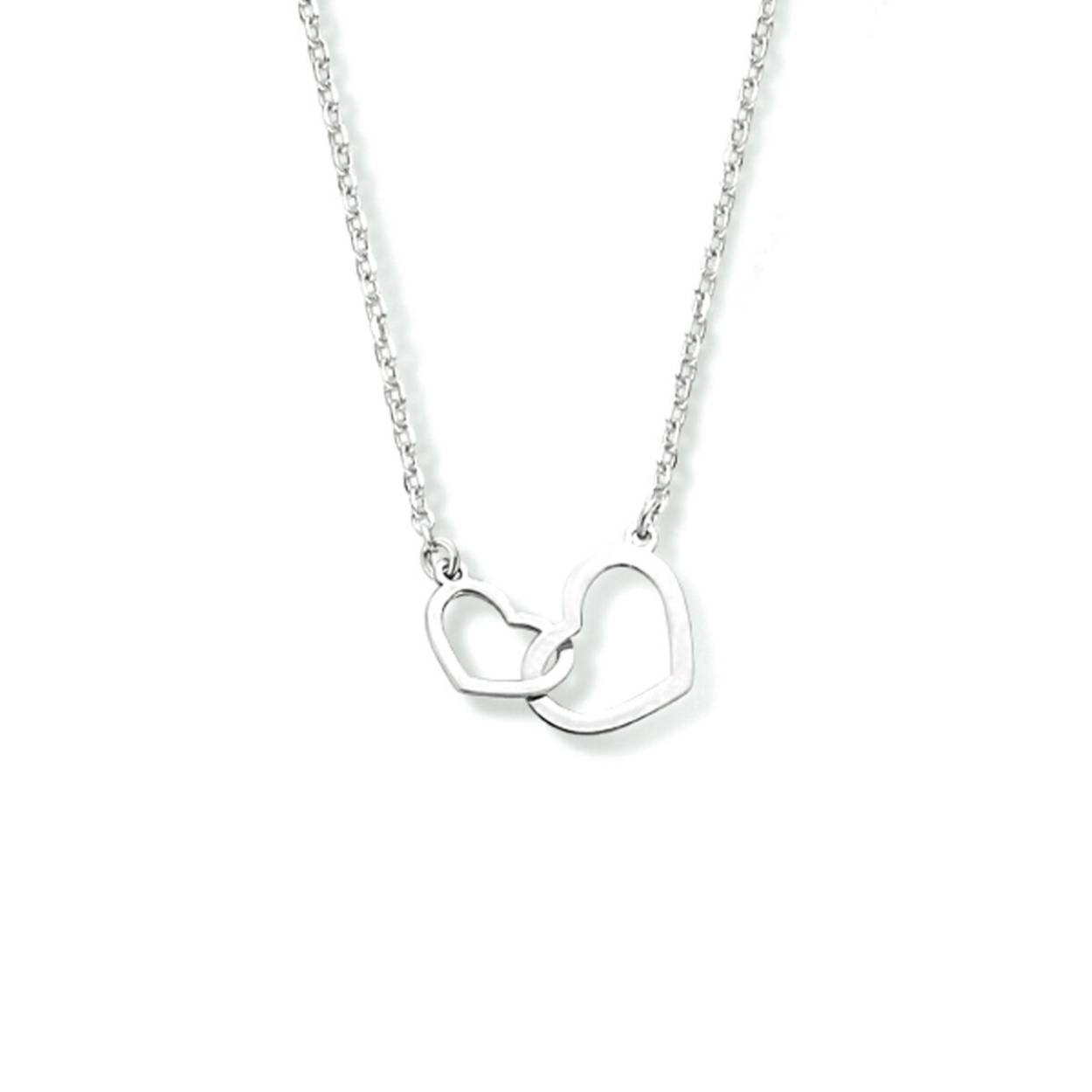 Gerhodineerd 925 zilveren collier uitgevoerd met twee hartjes. Het collier heeft een draaglengte van 40cm met een extensie van 4cm. De hartjes hebben een afmeting van 7x10mm en 9x13mm. De schakelbreedte is 1.3mm.