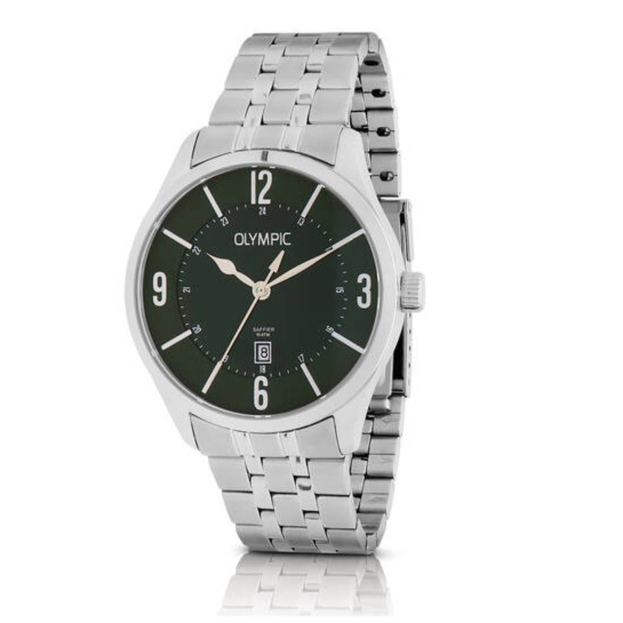 Dit horloge, model OL72HSS395, combineert een zilverkleurige roestvrijstalen kast en band met een groene wijzerplaat. Het biedt functies zoals een datumweergave en is waterdicht tot 10 ATM. Met zijn saffierglas en analoge kwartsbeweging is dit horloge stijlvol en functioneel. Perfect voor dagelijks gebruik of formele gelegenheden. Draag het om uw pols voor een verfijnde uitstraling.