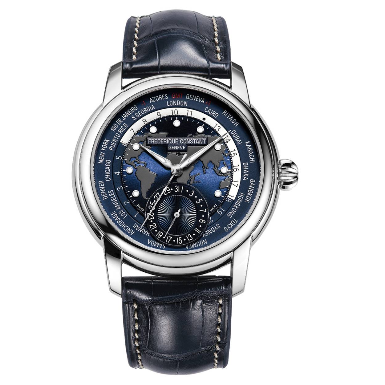 De wijzerplaat van deze wereldtimer is een optisch hoogtepunt: de gedetailleerde weergave van de wereldkaart in combinatie met de overzichtelijke wereldtijdweergave geeft het horloge een indrukwekkende uitstraling. Dankzij de eenvoudige bediening via de kroon kan de wereldtijdweergave eenvoudig en snel worden aangepast – ideaal voor frequente reizigers die op zoek zijn naar een betrouwbaar en elegant horloge.

Kaliber: FC-718, automatisch manufactuuruurwerk
Gangreserve: 42 uur
Materiaal behuizing: roestvrij staal
Glas: convex saffierglas
Waterbestendigheid: tot 5 ATM
Functies: Wereldtijdweergave en datumweergave, beide volledig te bedienen via de kroon.
Wijzerplaat: Rijkelijk vormgegeven met wereldkaart en verschillende tijdzones