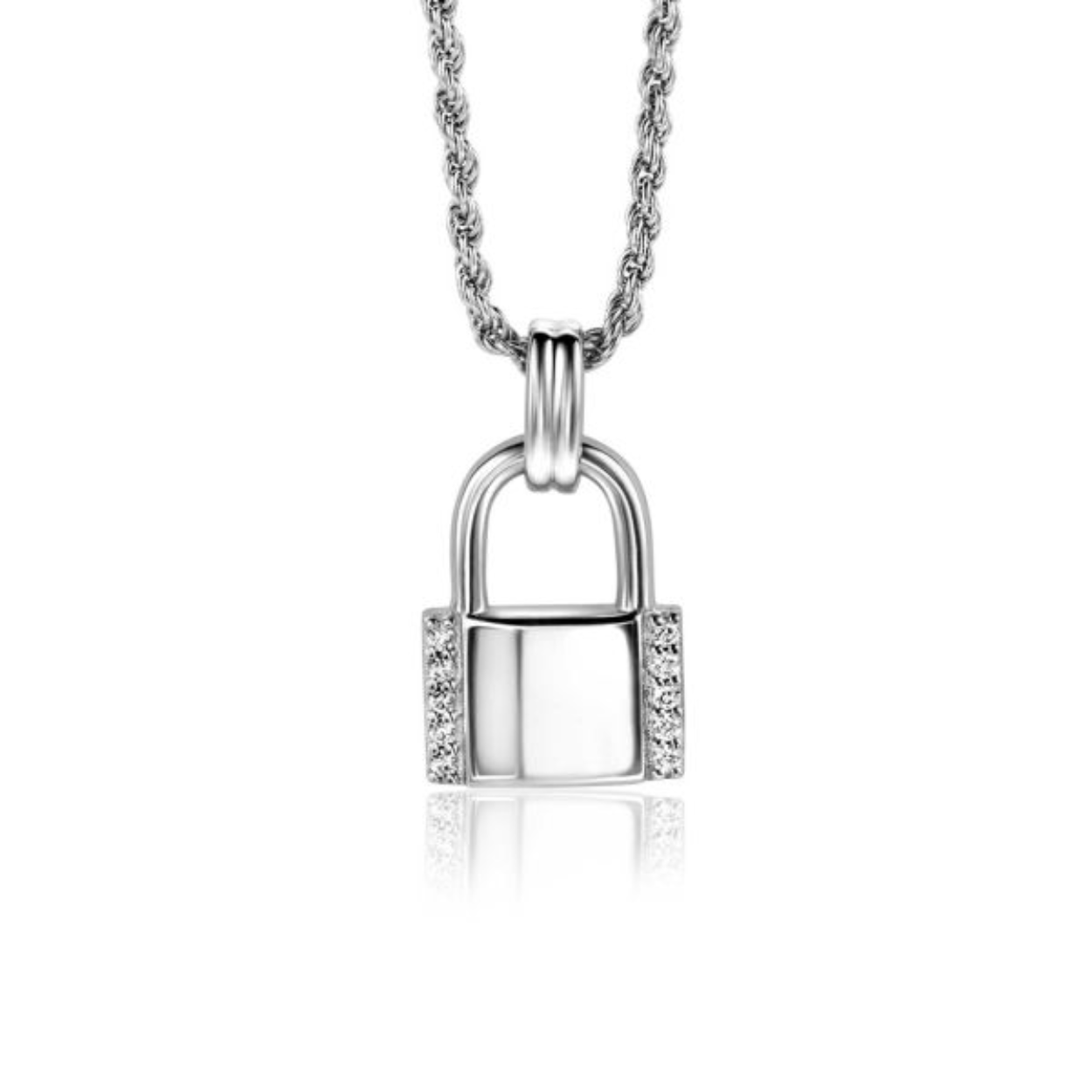 ZINZI zilveren hanger in de vorm van een slotje, bezet met witte zirconia's. Met fraai hangoog. Deze trendy hanger is 20mm lang en 11mm breed. 
Exclusief ketting geprijsd. Vervaardigd van eerste gehalte zilver (925) en met extra rodiumlaag.