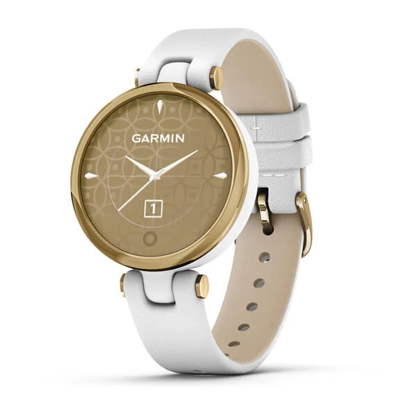 Garmin - Lily. Lichtgouden bezel met witte kast en band van Italiaans leer