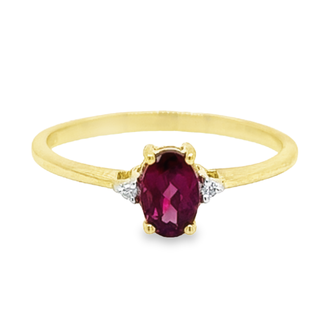 Deze 14-karaats geel gouden ring is ontzettend leuk. De kleurrijke steen is een echte Rhodolite welke is gezet tussen vier gouden zetpoten. Naast de kleursteen zijn twee diamantjes gezet. Deze ring heeft een schitterende en kleurrijke uitstraling.