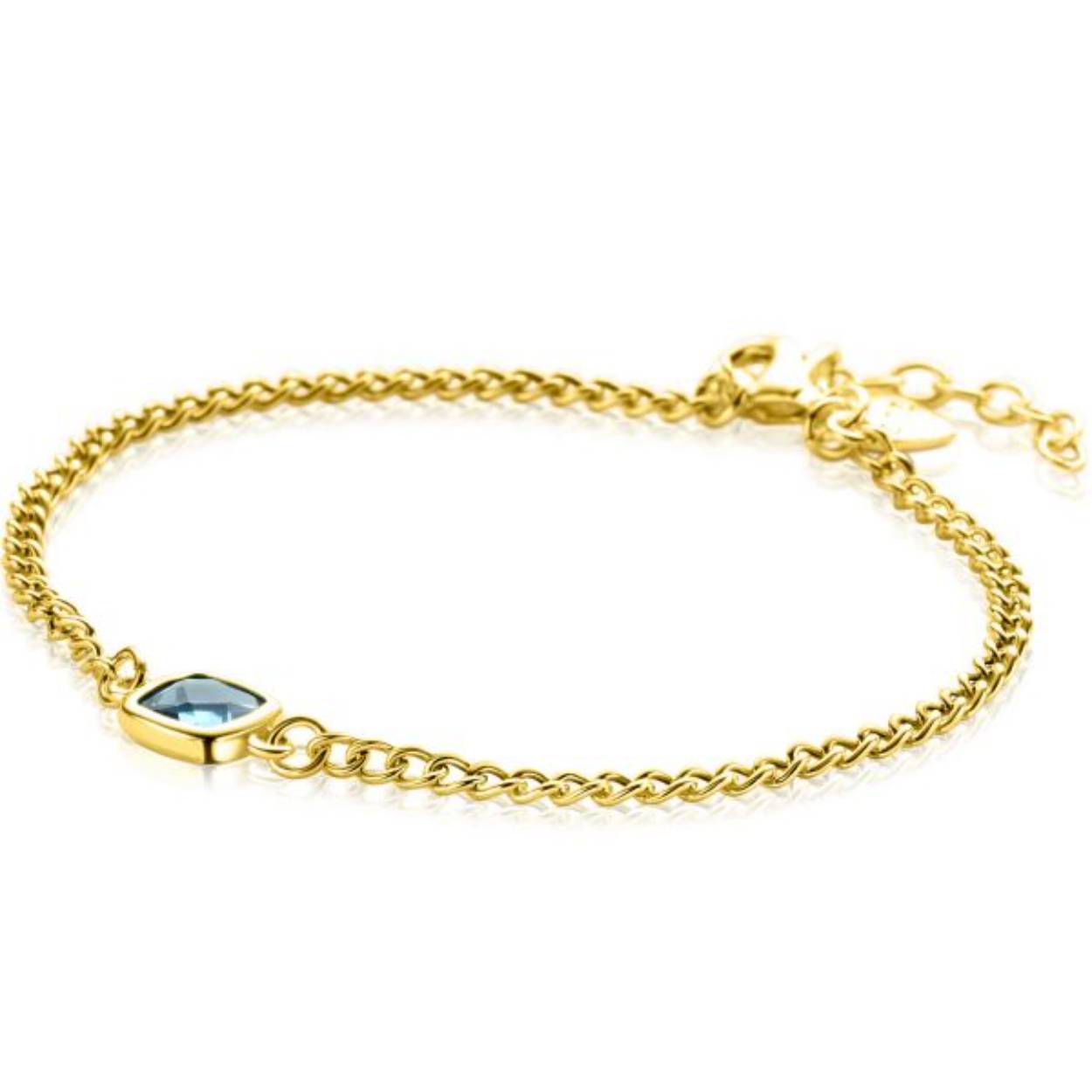 ZINZI gold plated zilveren gourmet armband met vierkante zetting bezet met indigo blauwe kleursteen. De gourmet schakels zijn 2,8mm breed. De lengte van de armband is te variëren tussen 16cm en 19cm