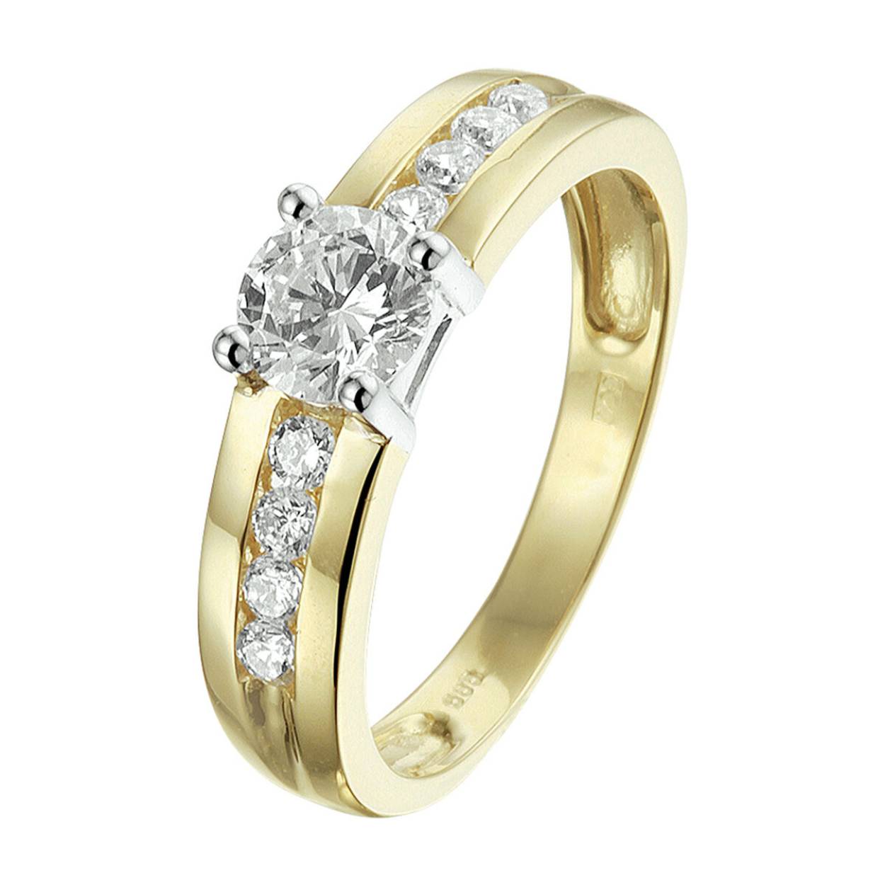 Gouden bi-color damesring met zirconia op mt. 17,5