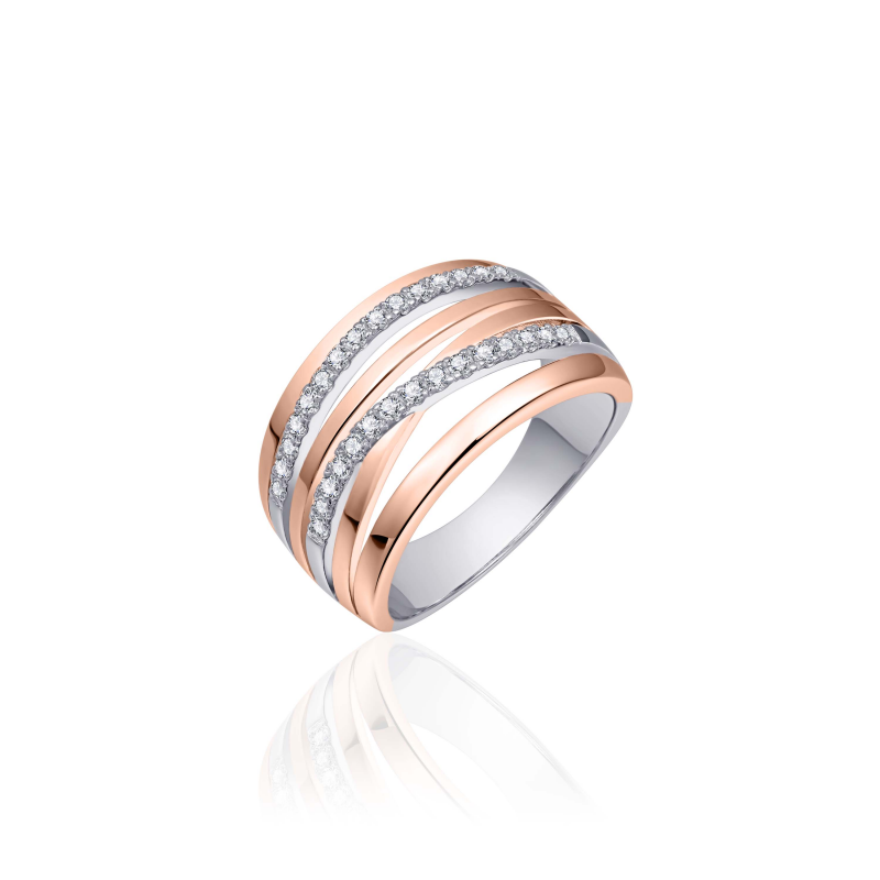 Mooie Zilveren ring in bicolor met rose en zirkonia. in maat 56