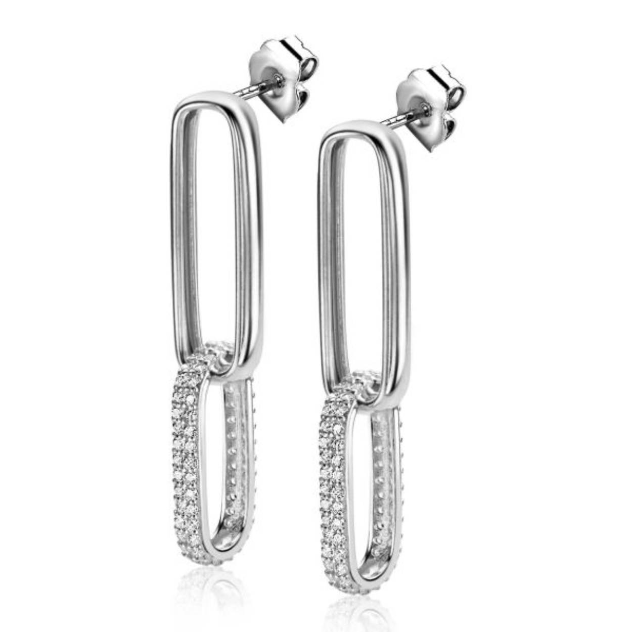 ZINZI zilveren lange oorsieraden 38mm met twee trendy ovale schakels, waarvan de onderste schakel rondom bezet is met witte zirconia's. Schitterende eyecatchers. Vervaardigd van eerste gehalte zilver (925) en voorzien van een extra rodiumlaag voor een langdurige glans.